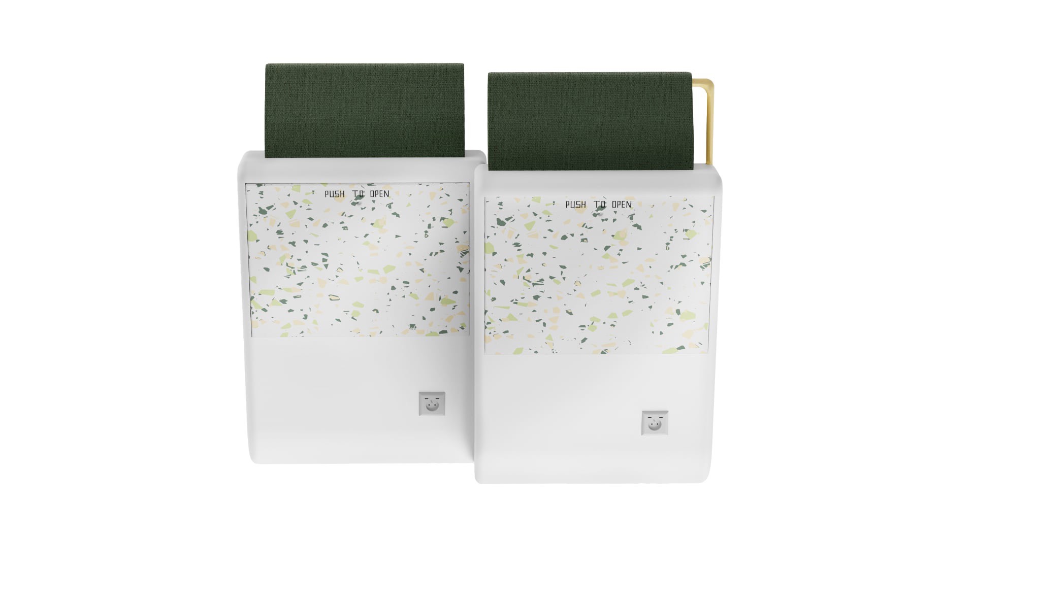 Dwa białe podajniki na ręczniki papierowe z wzorem terrazzo, umieszczone obok siebie na białym tle. Widoczny napis 'PUSH TO OPEN' i zielone ręczniki wewnątrz.