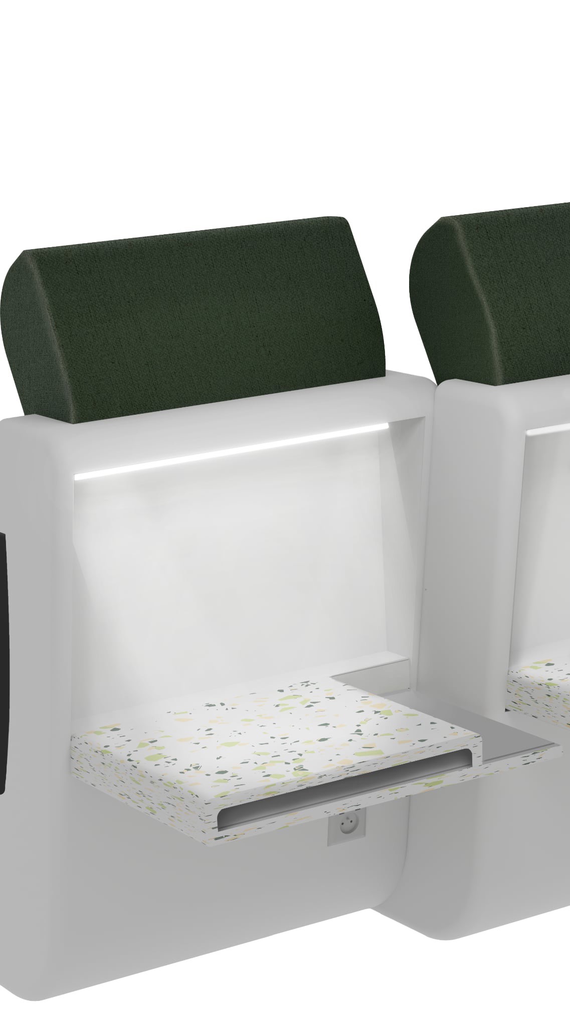 Nowoczesny modułowy mebel biurowy z zielonymi zagłówkami i blatem w terrazzo, oświetlony ledowym światłem. Minimalistyczny design, idealny do przestrzeni coworkingowych.