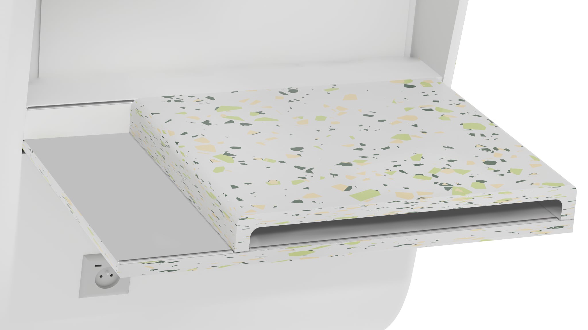 Biała szafka nocna z wysuwanym blatem w Łuczycach. Blat zdobiony wzorem lastryko w odcieniach zieleni i beżu. Widoczne gniazdko elektryczne.