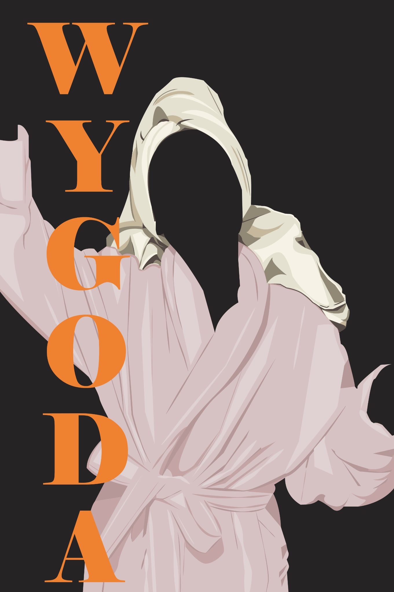 Ilustracja wektorowa kobiety w szlafroku i turbanie na czarnym tle z pomarańczowym napisem 'WYGODA'. Minimalistyczny styl graficzny, stonowana kolorystyka.