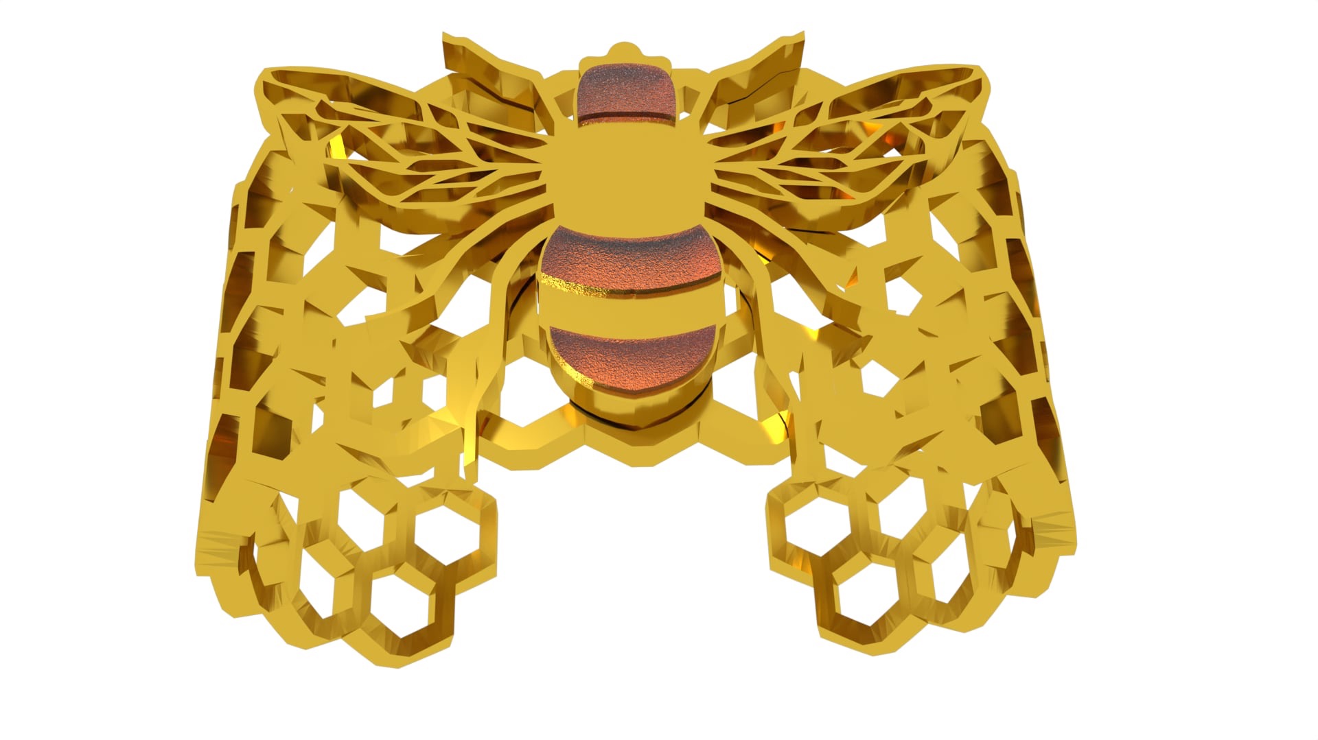 Złota grafika 3D: pszczoła na tle plastra miodu. Modelowanie z detalami, ciepłe oświetlenie, render na białym tle. Unikalny projekt graficzny.