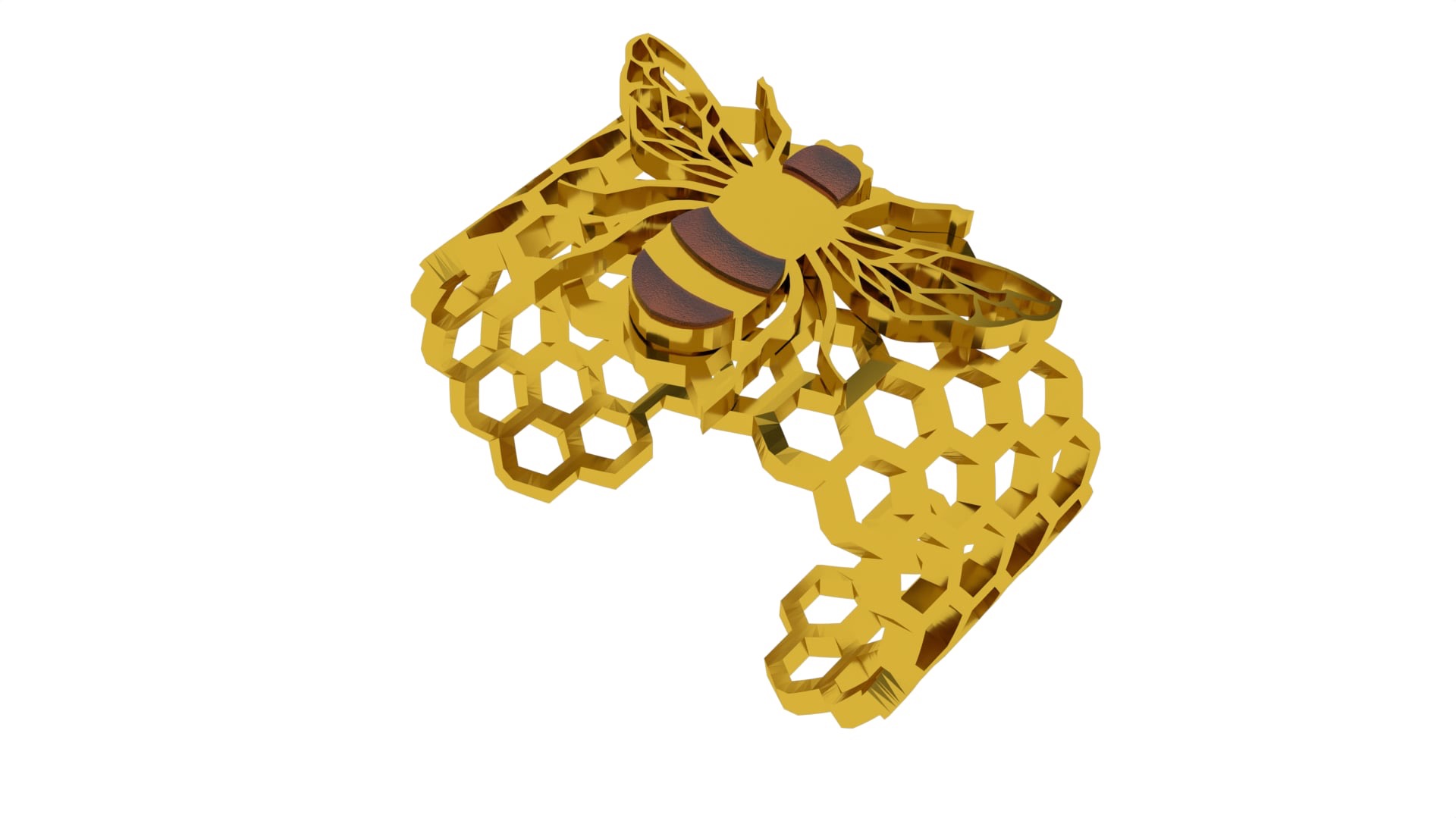 Złota grafika 3D: pszczoła z brązowymi paskami na plastrze miodu. Modelowanie 3D z wyraźnymi detalami i teksturą, na białym tle. Precyzyjne odwzorowanie kształtów.