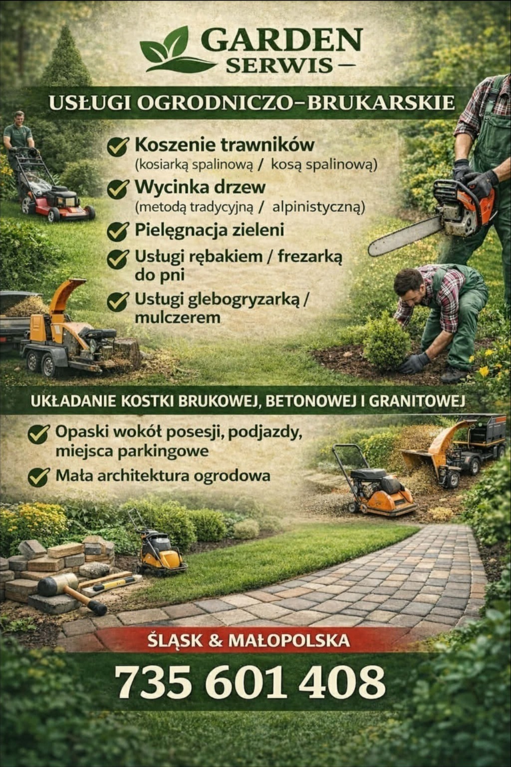 Ogłoszenie usług ogrodniczo-brukarskich: koszenie, wycinka drzew, pielęgnacja zieleni, usługi rębakiem, glebogryzarką, układanie kostki, opaski wokół posesji, architektura ogrodowa.