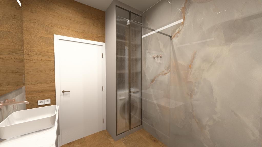 Nowoczesna łazienka z drewnianą ścianą, białą umywalką i kabiną prysznicową z marmurowym wykończeniem. Pralka ukryta za szklanymi drzwiami. Minimalistyczny design.