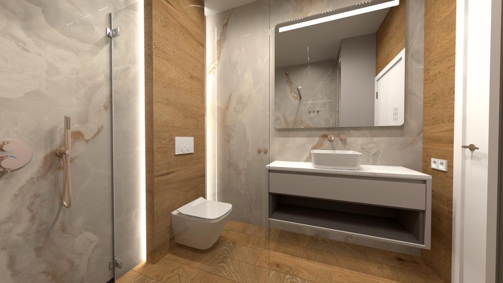 Nowoczesna łazienka z drewnianymi akcentami, marmurowymi płytkami i minimalistyczną armaturą w odcieniach bieli i szarości. Lustro z podświetleniem LED.