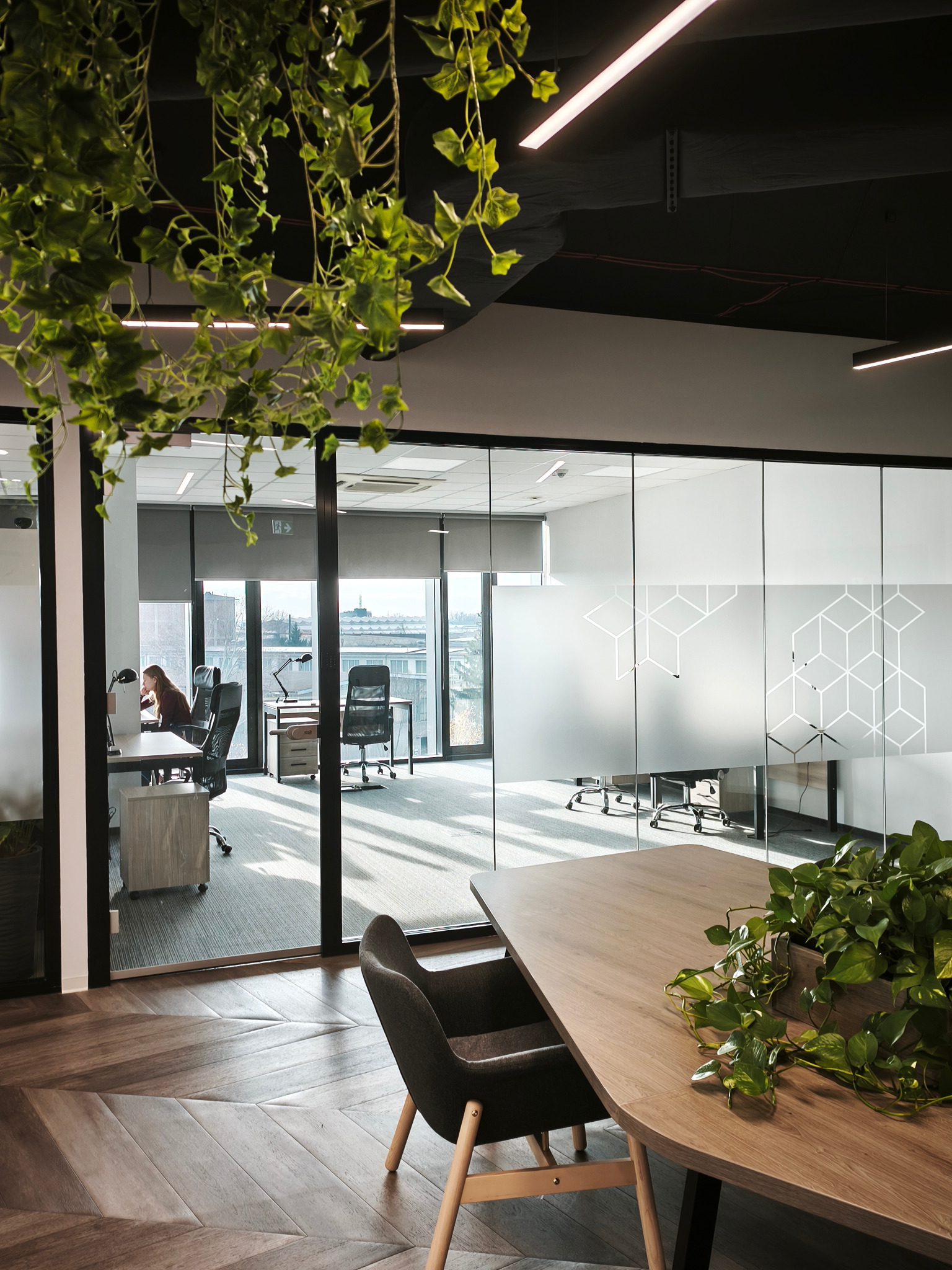Nowoczesne biuro z przeszklonymi ścianami, drewnianą podłogą w jodełkę i roślinami doniczkowymi. Widoczne biurka i krzesła w przestrzeni open space.