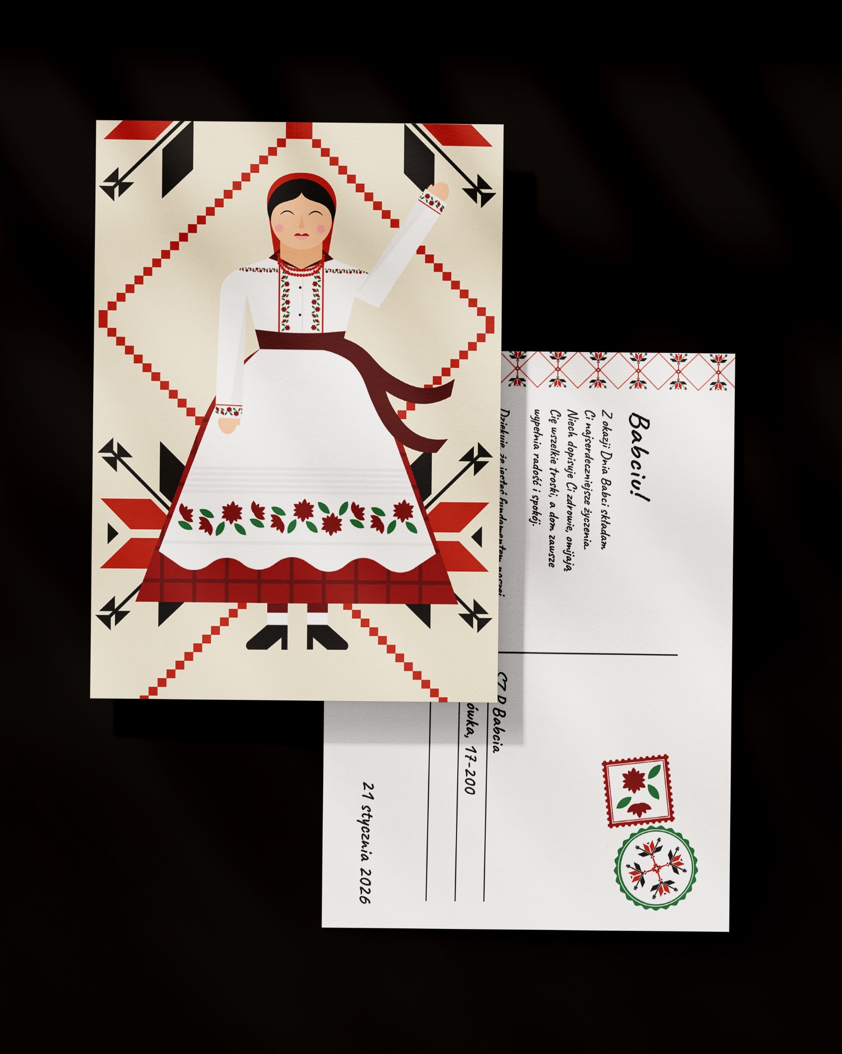 Ilustracja kartki pocztowej z motywem folklorystycznym i życzeniami dla babci, obok adres i data. Stylizowane grafiki w kolorach czerwieni, czerni i bieli.