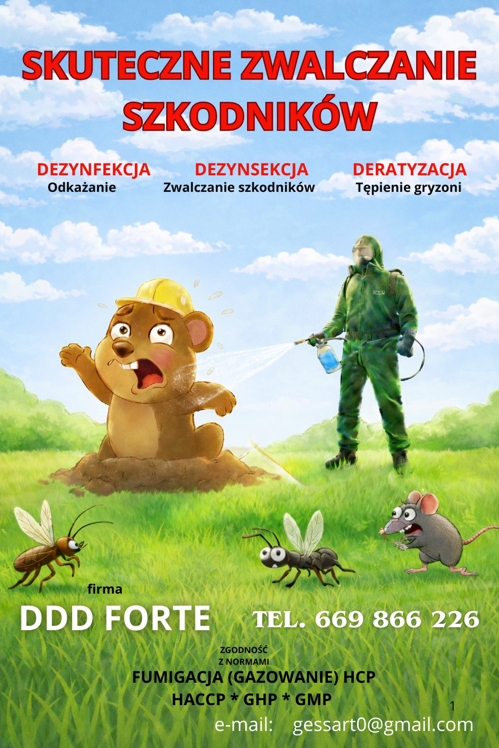 Ilustracja: Dezynsekcja, deratyzacja i dezynfekcja. Postać w kombinezonie spryskuje płynem kreta w kasku, obok latają owady i stoi mysz. Reklama firmy DDD Forte.