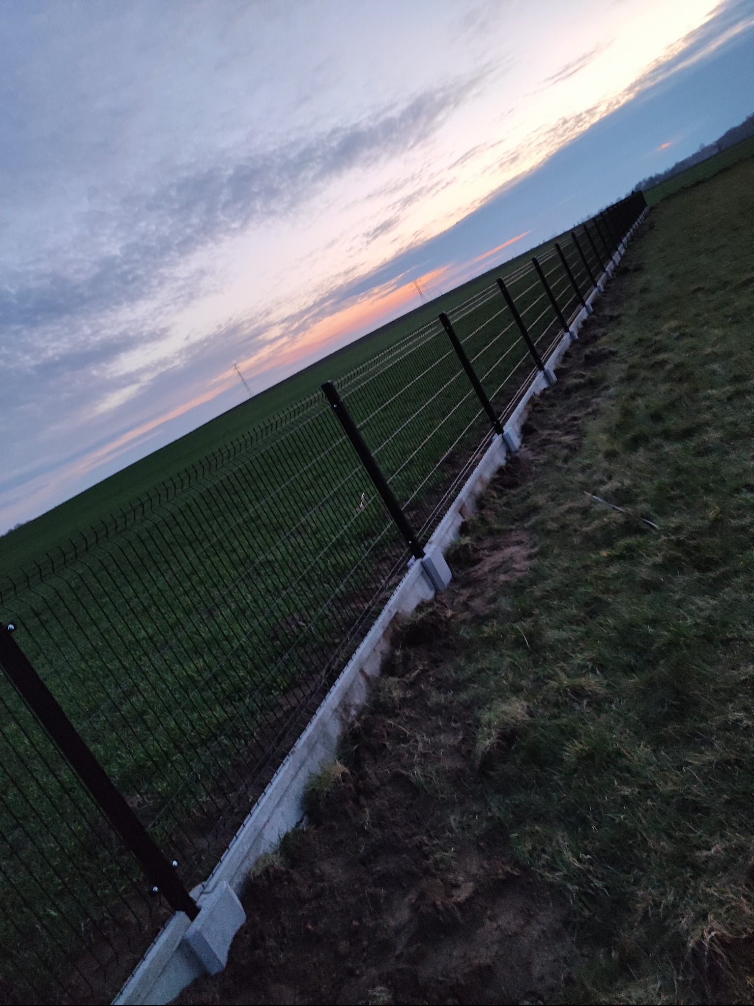 Długie, czarne ogrodzenie panelowe na betonowej podmurówce, rozciągające się wzdłuż zielonego pola pod wieczornym niebem z delikatnymi smugami różu.