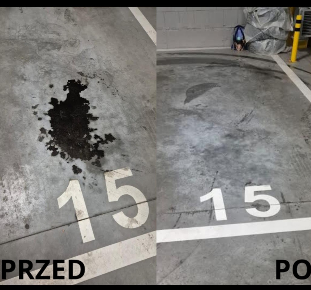 Zdjęcie 'przed i po' czyszczenia plamy oleju na betonowej posadzce parkingu podziemnego, numer stanowiska 15, z widocznymi śladami po czyszczeniu.