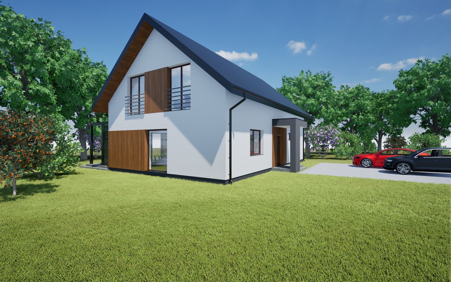 Wizualizacja 3D nowoczesnego domu jednorodzinnego z dwuspadowym dachem, drewnianą elewacją i dwoma samochodami na podjeździe w słoneczny dzień.