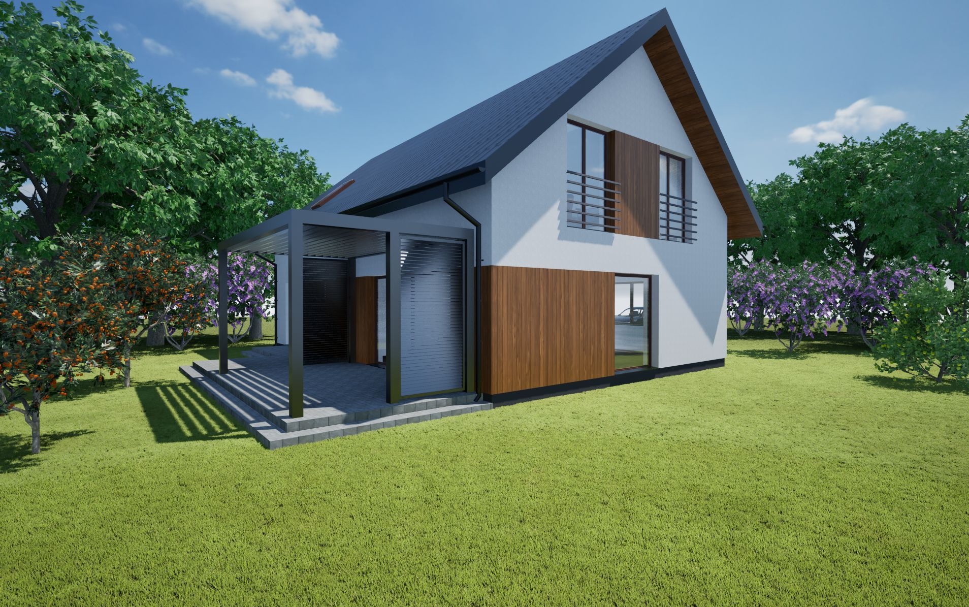 Wizualizacja domu jednorodzinnego z pergolą, dwukondygnacyjny, z drewnianą elewacją, na tle zielonego trawnika i drzew. Projekt domu z nowoczesnymi detalami.