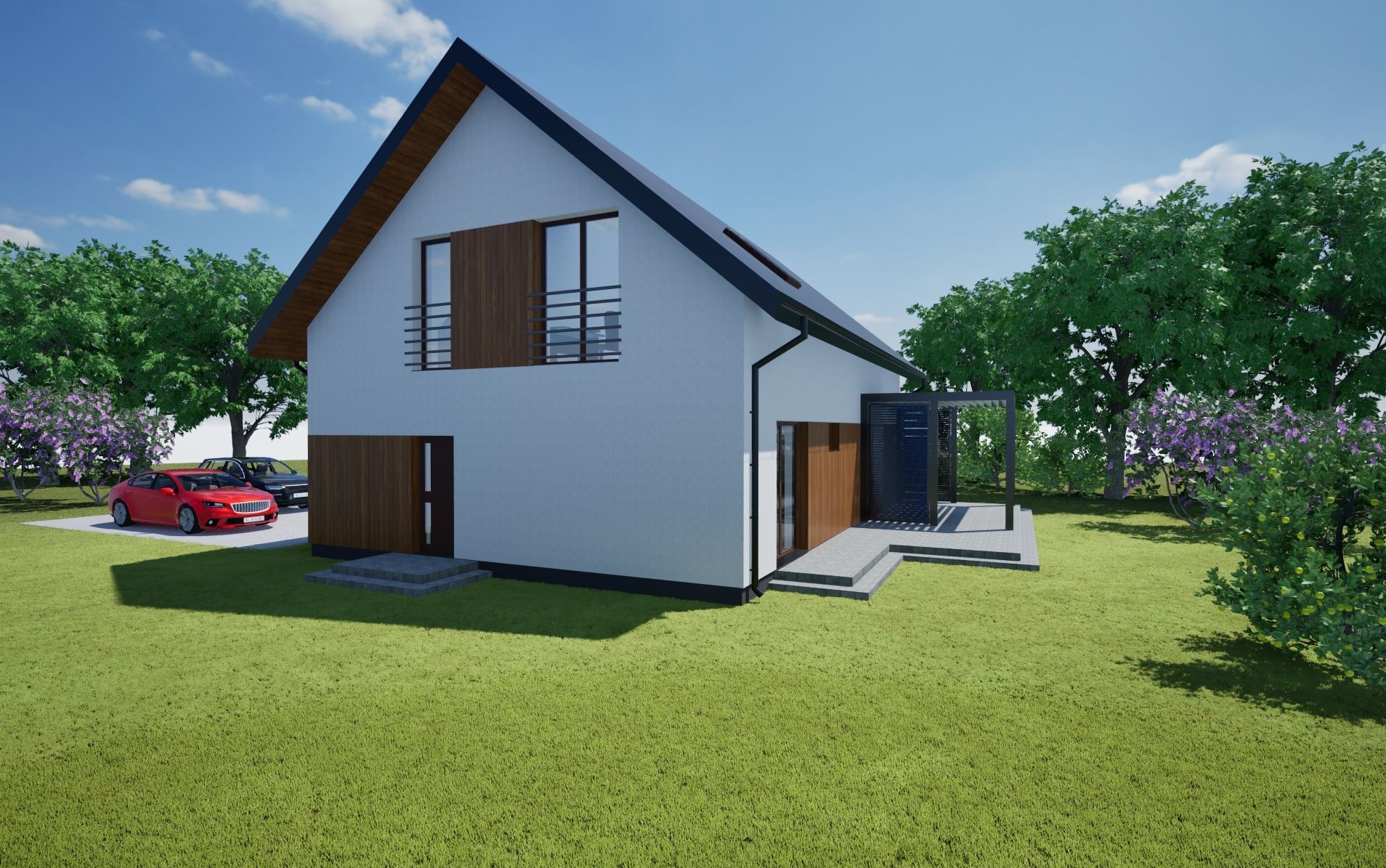 Wizualizacja domu jednorodzinnego z dwuspadowym dachem, drewnianymi elementami elewacji i pergolą. Na podjeździe stoją dwa samochody osobowe. Otoczenie: trawnik i drzewa.