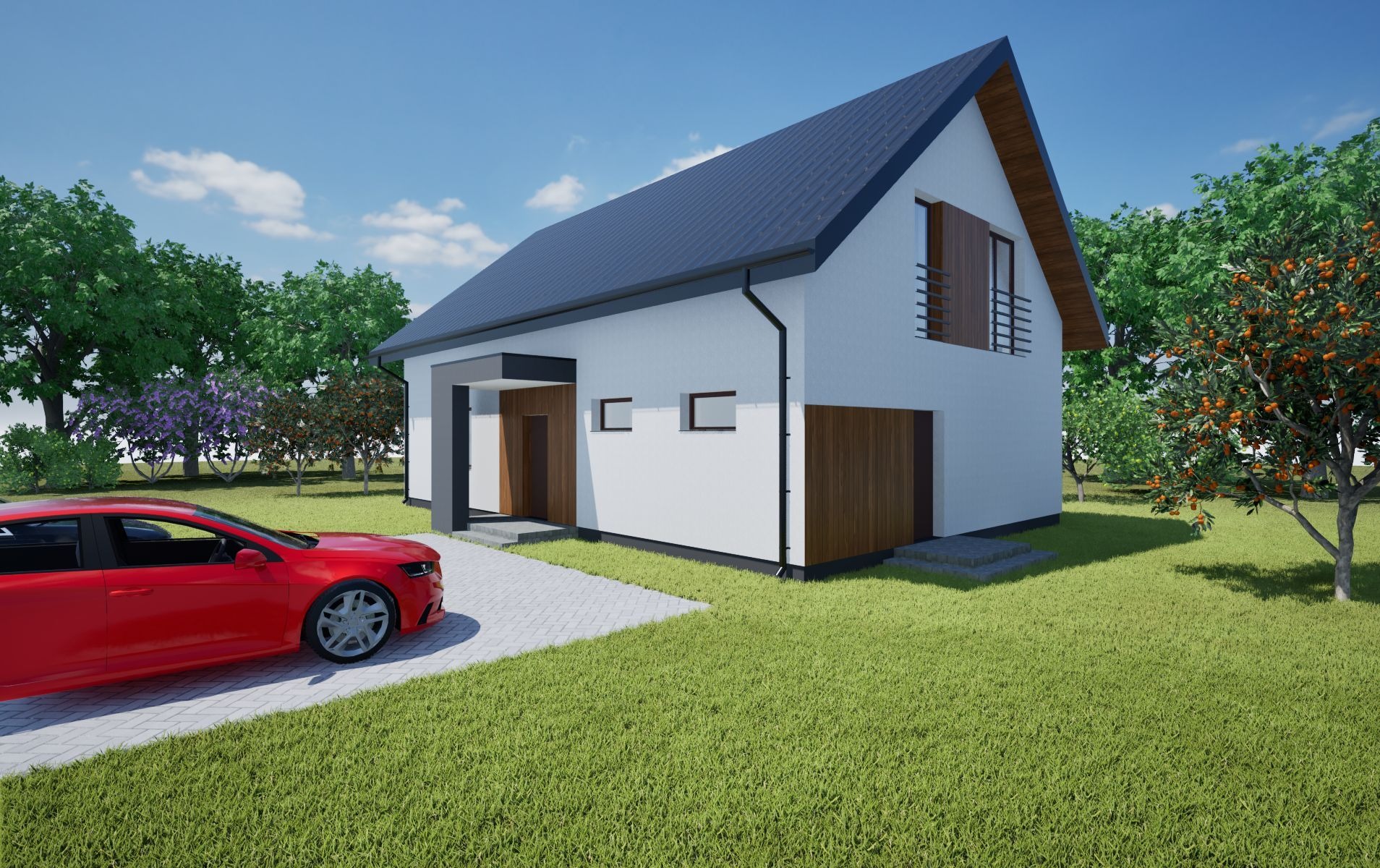 Wizualizacja nowoczesnego domu jednorodzinnego z ciemnym dachem, białymi ścianami i drewnianymi akcentami. Czerwony samochód na podjeździe, zadbany trawnik i drzewa w tle.