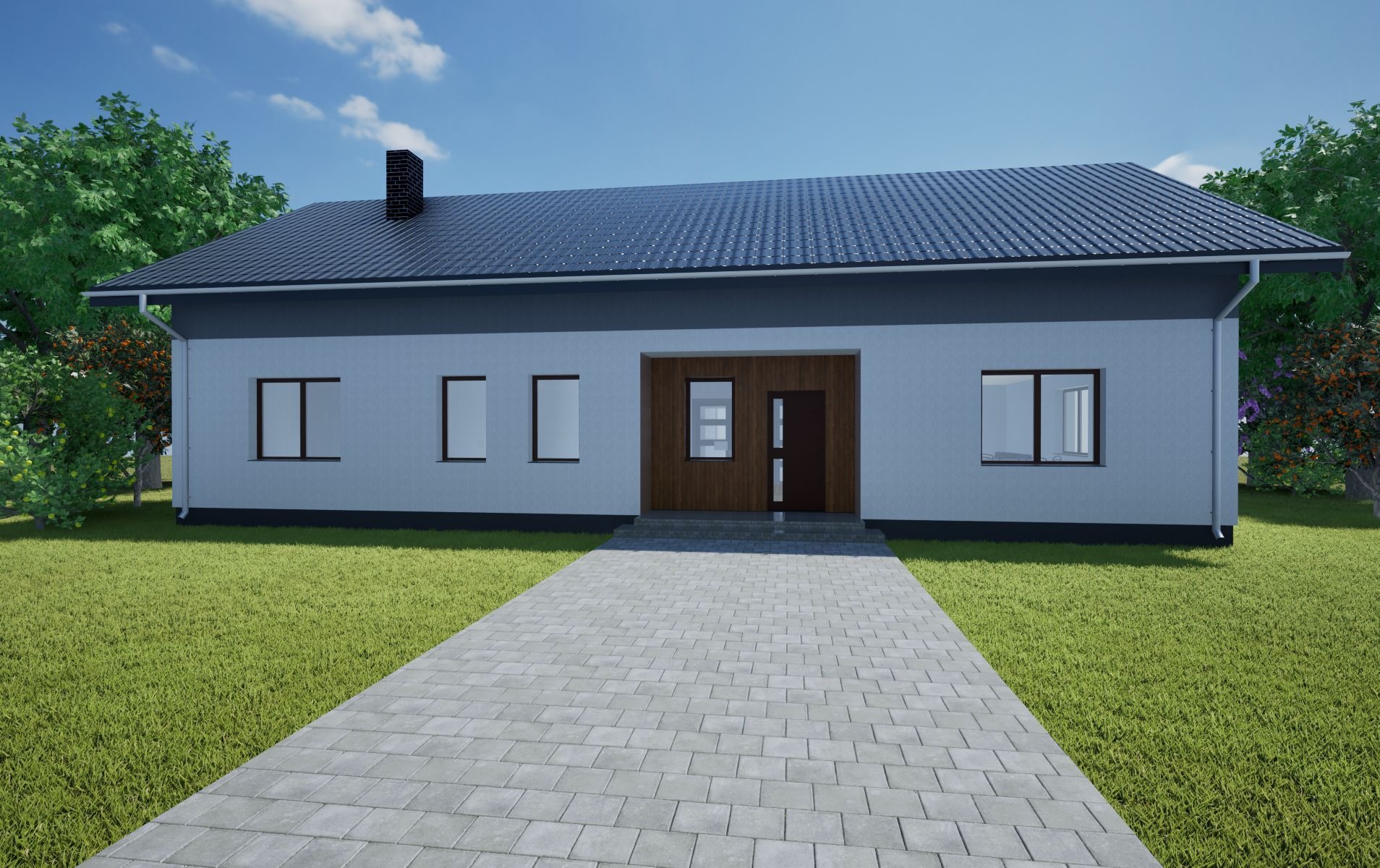 Wizualizacja parterowego domu jednorodzinnego z ciemną dachówką, drewnianą stolarką okienną i brukowanym podjazdem, otoczonego zielenią. Projekt architektoniczny.