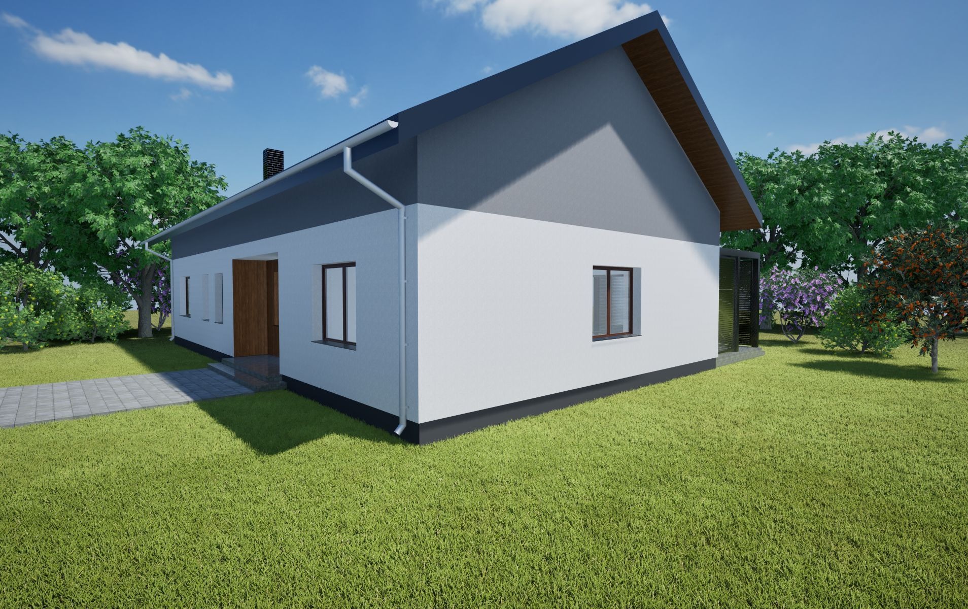 Wizualizacja 3D nowoczesnego domu jednorodzinnego z szarym dachem i białymi ścianami, otoczonego zielonym trawnikiem i drzewami. Widok z boku, w słoneczny dzień.