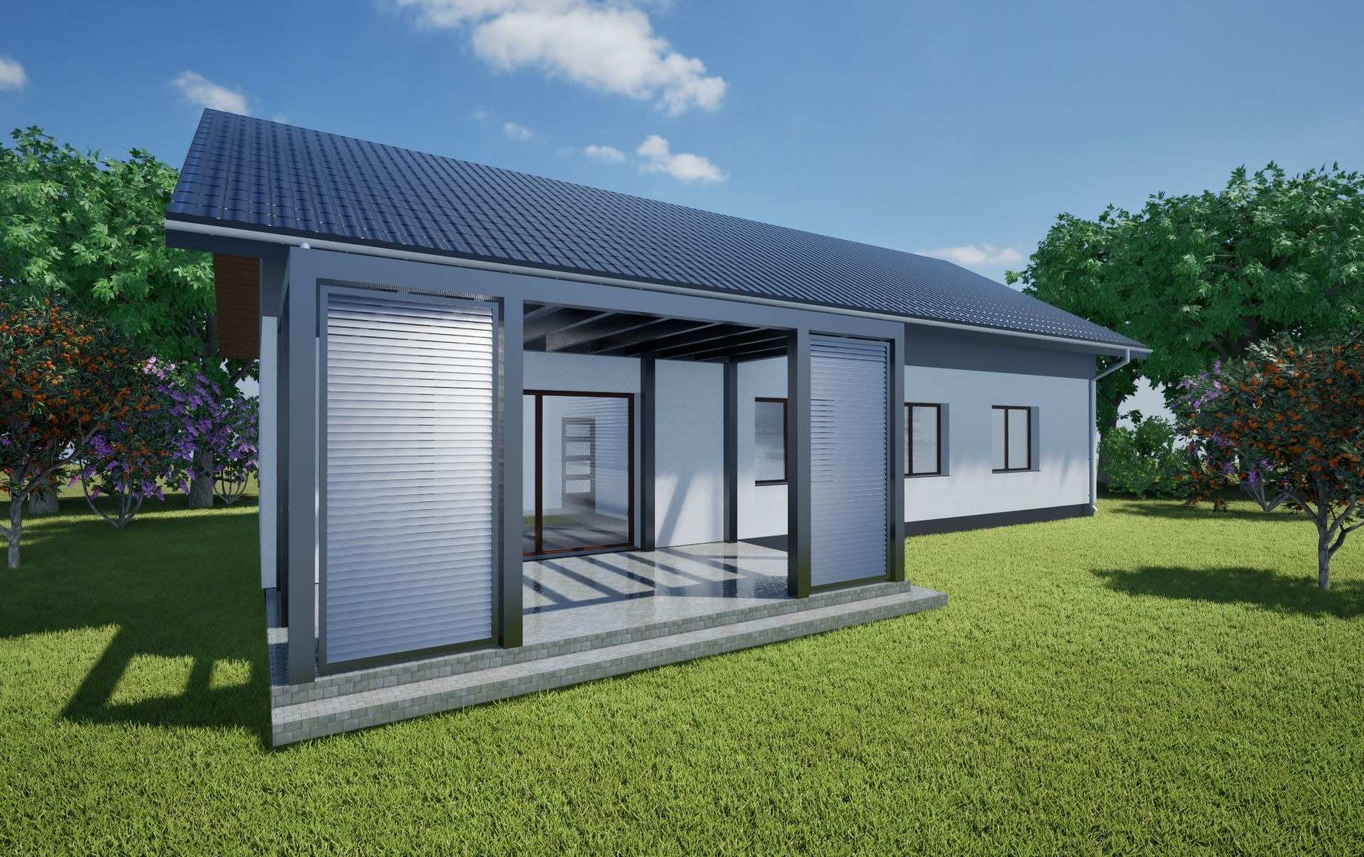 Wizualizacja domu jednorodzinnego z zadaszonym tarasem i roletami zewnętrznymi, otoczonego zielenią. Projekt architektoniczny z nowoczesnymi detalami.