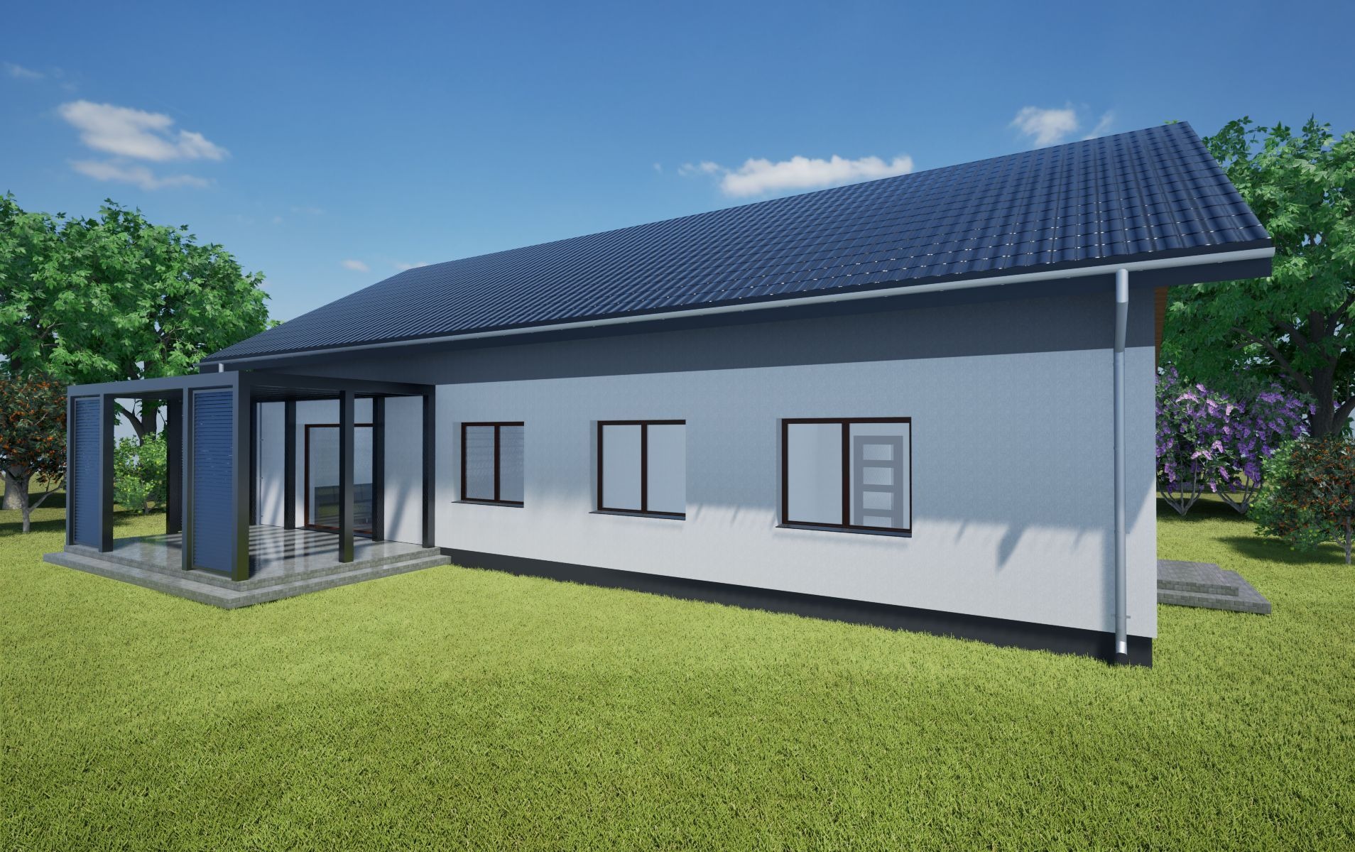Wizualizacja parterowego domu z ciemną dachówką i pergolą. Widok z ogrodu, boczna elewacja z trzema oknami. Realistyczny render architektoniczny.
