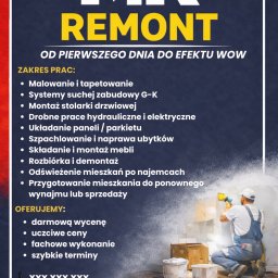 Plakat reklamowy firmy remontowej: zakres prac obejmuje malowanie, tapetowanie, montaż stolarki, układanie paneli, szpachlowanie i odświeżanie mieszkań.