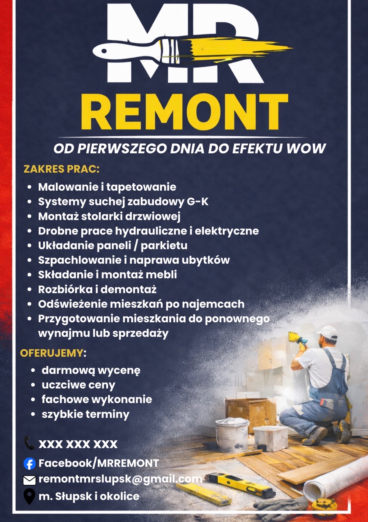 Plakat reklamowy firmy remontowej: zakres prac obejmuje malowanie, tapetowanie, montaż stolarki, układanie paneli, szpachlowanie i odświeżanie mieszkań.