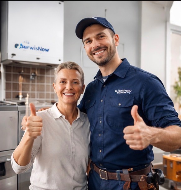 Uśmiechnięty hydraulik w uniformie z klientką, oboje pokazują kciuki w górę na tle pieca gazowego 'SerwisNow' i płytek. Dobre relacje z klientem.