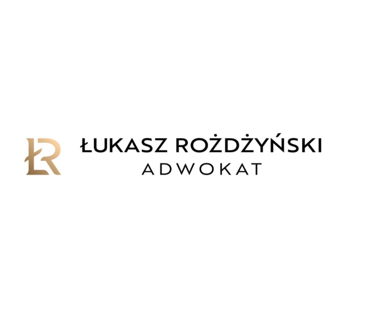 Minimalistyczne logo adwokata Łukasza Rożdżyńskiego w kolorach złota i czerni na białym tle. Litera 'R' w formie monogramu.