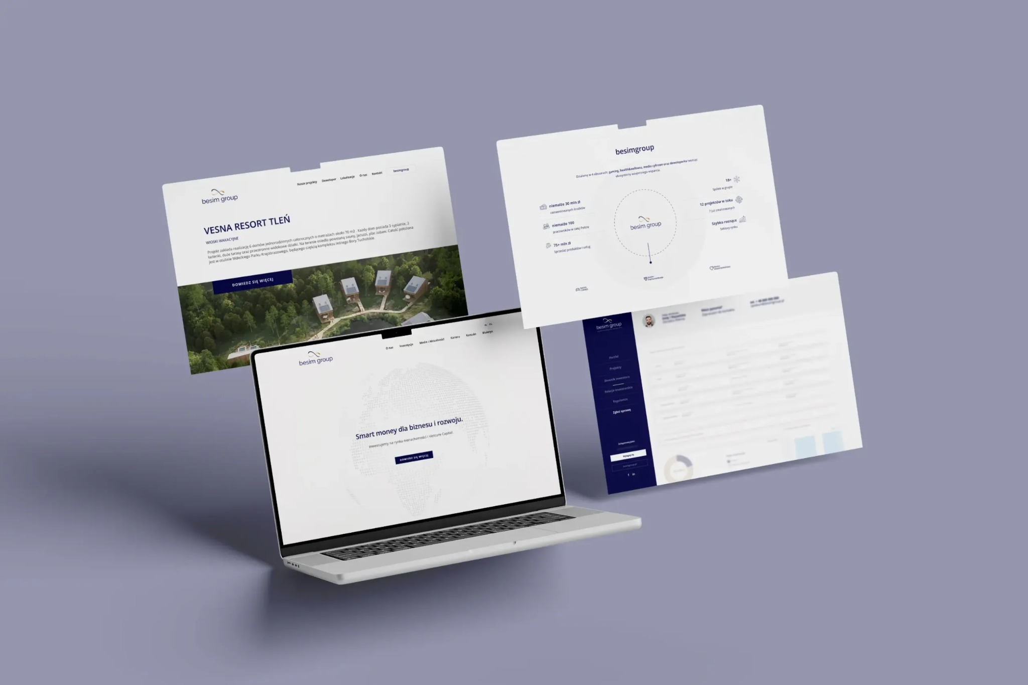 Mockup laptopa prezentuje responsywny design strony internetowej Besim Group z widokiem na Vesna Resort Tleń, ukazując nowoczesny interfejs i dbałość o detale.