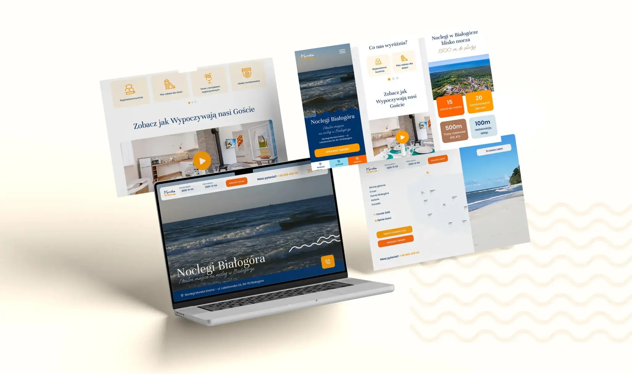 Laptop prezentuje responsywną stronę 'Noclegi Białogóra' z widokiem morza. Dodatkowo widoczne ekrany smartfonów i tabletów z różnymi podstronami serwisu.