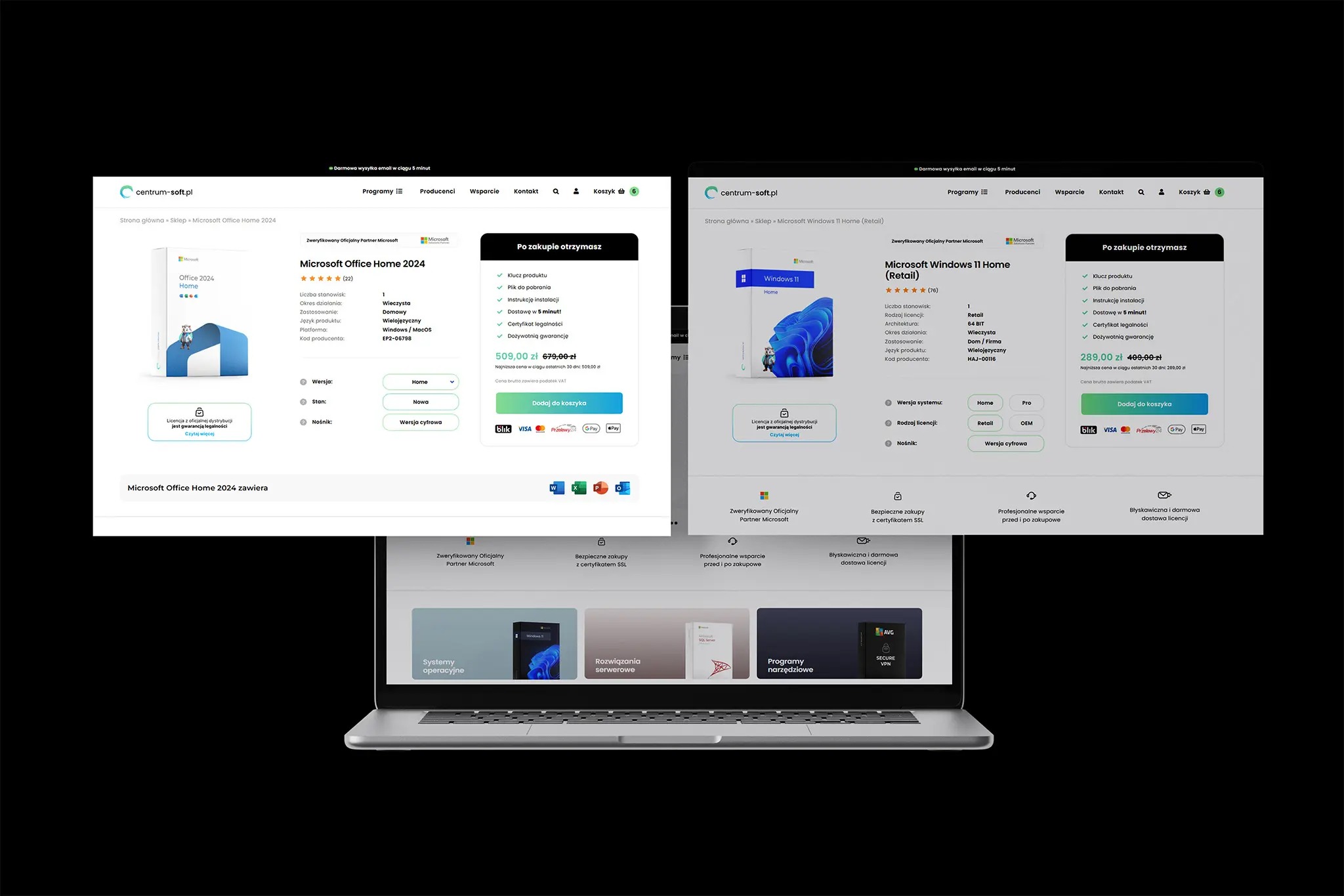 Laptop wyświetla stronę sklepu internetowego z ofertą zakupu licencji Microsoft Office Home i Windows 11 Home. Widoczne ceny, opcje zakupu i informacje o produktach.