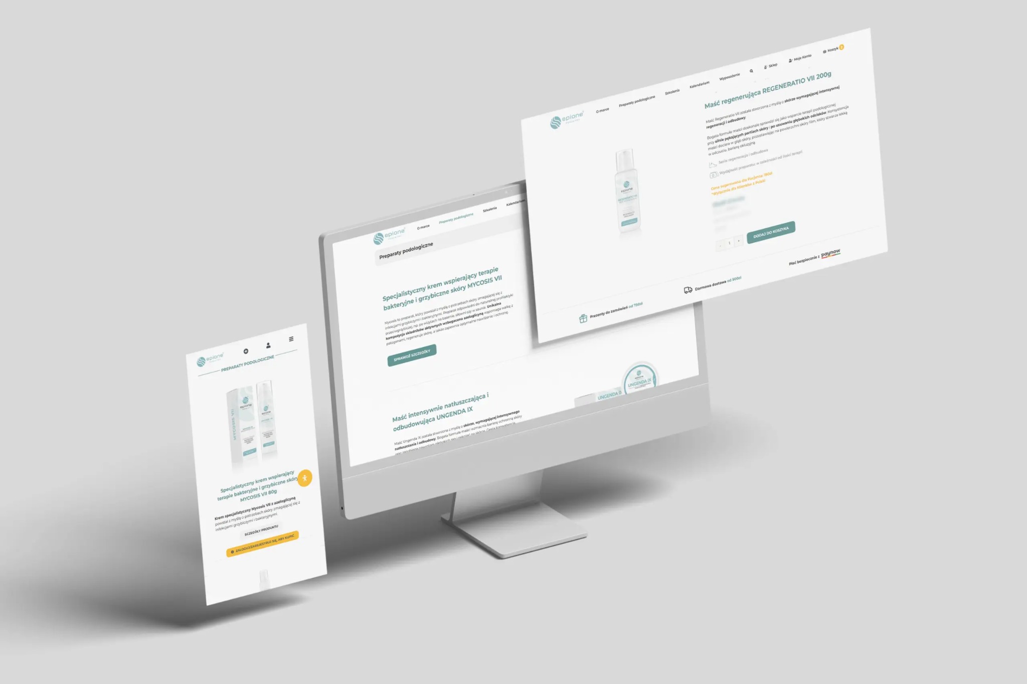 Prezentacja responsywnego sklepu internetowego z produktami podologicznymi na monitorze i urządzeniach mobilnych, z uwzględnieniem detali interfejsu i oferty.