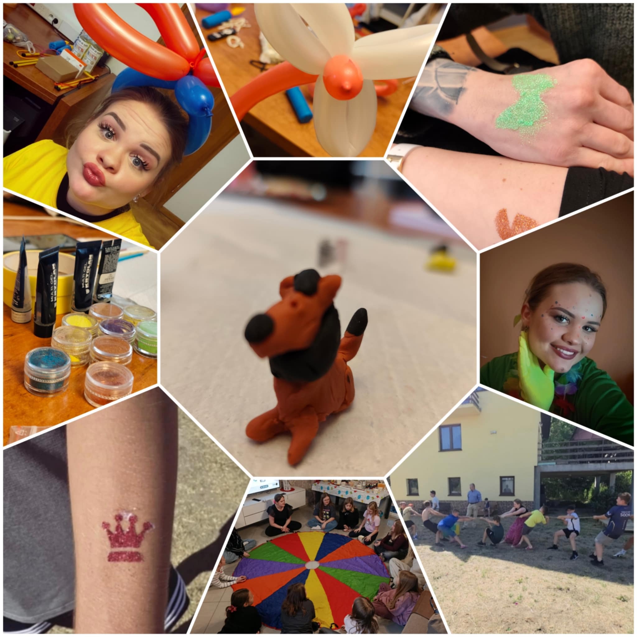Mozaika zdjęć z animacji dla dzieci: malowanie twarzy brokatem, modelowanie balonów, zabawy z chustą animacyjną, gliniane figurki, przeciąganie liny na zewnątrz.