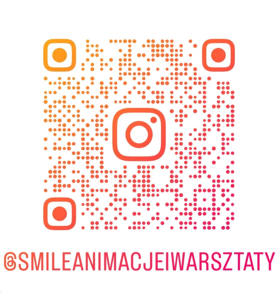 Gradientowy kod QR z logo Instagrama w centrum, prowadzący do profilu @SMILEANIMACJEIWARSZTATY, idealny do szybkiego dostępu do oferty animacji i warsztatów.