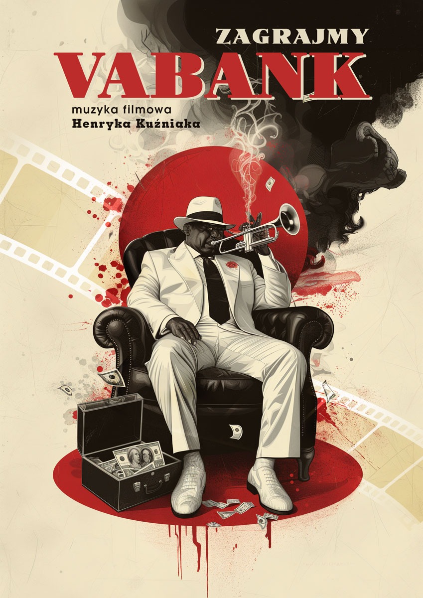 Ilustracja: mężczyzna w białym garniturze i kapeluszu siedzi w fotelu, grając na trąbce. Obok walizka z pieniędzmi. Tytuł 'Vabank' u góry. Styl retro, nawiązanie do muzyki filmowej.