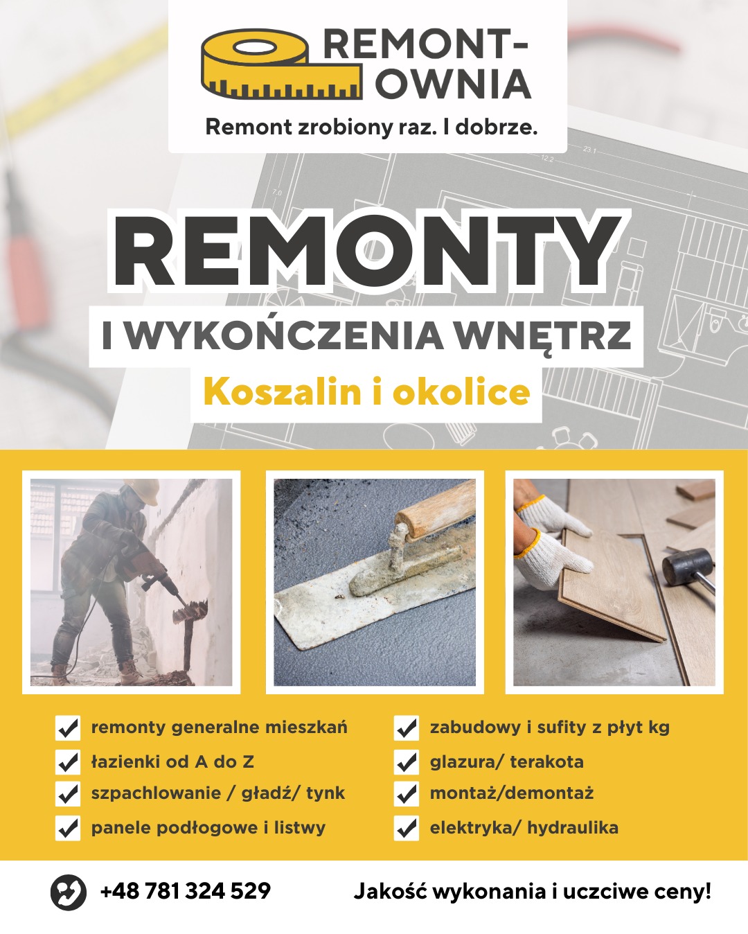 Baner reklamowy firmy remontowej z Koszalina. Oferta obejmuje remonty mieszkań, łazienek, szpachlowanie, glazurę, montaż paneli i zabudowy z płyt KG. Kontakt telefoniczny.