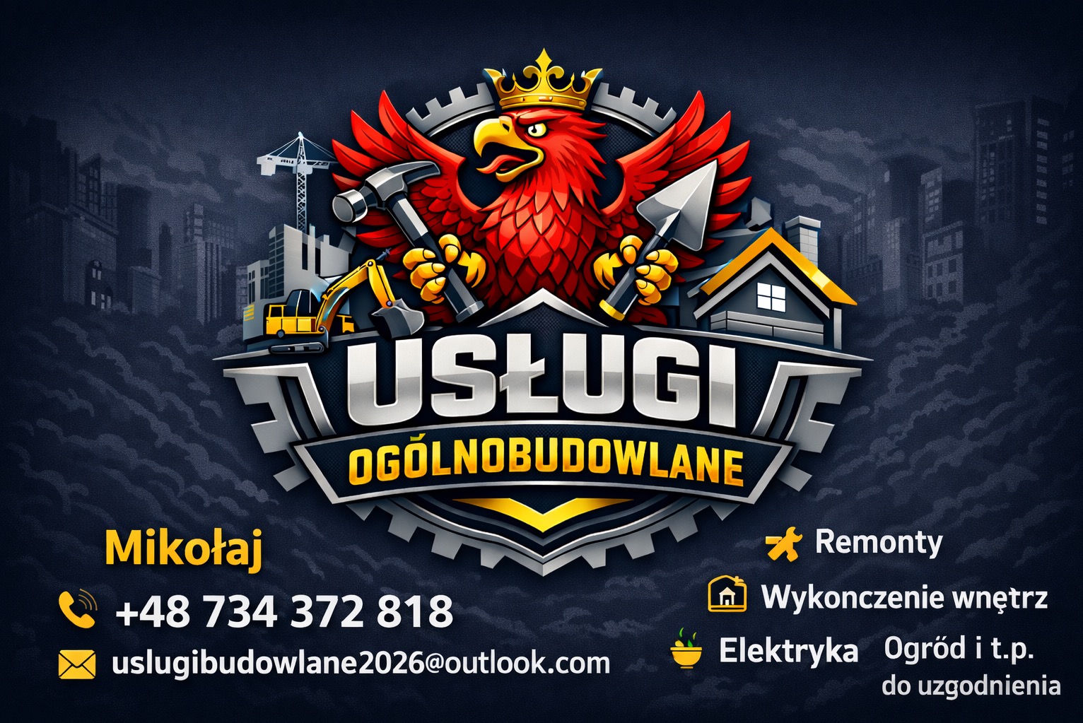 Grafika z logotypem firmy budowlanej: czerwony orzeł z narzędziami, napis 'Usługi Ogólnobudowlane', dane kontaktowe i zakres usług (remonty, wykończenia, elektryka).