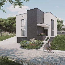 Kwartał Studio Projektowe Mateusz Bidas - Wizualizacja nowoczesnego domu z garażem, z czarno-białą elewacją i elementami zieleni. Kobieta na rowerze wjeżdża na posesję po brukowanej drodze.