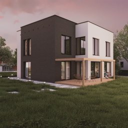 Kwartał Studio Projektowe Mateusz Bidas - Wizualizacja nowoczesnego domu dwukondygnacyjnego z tarasem w Bytomiu. Bryła budynku w dwóch kolorach, otoczona zielenią. Na tarasie siedzą dwie osoby.