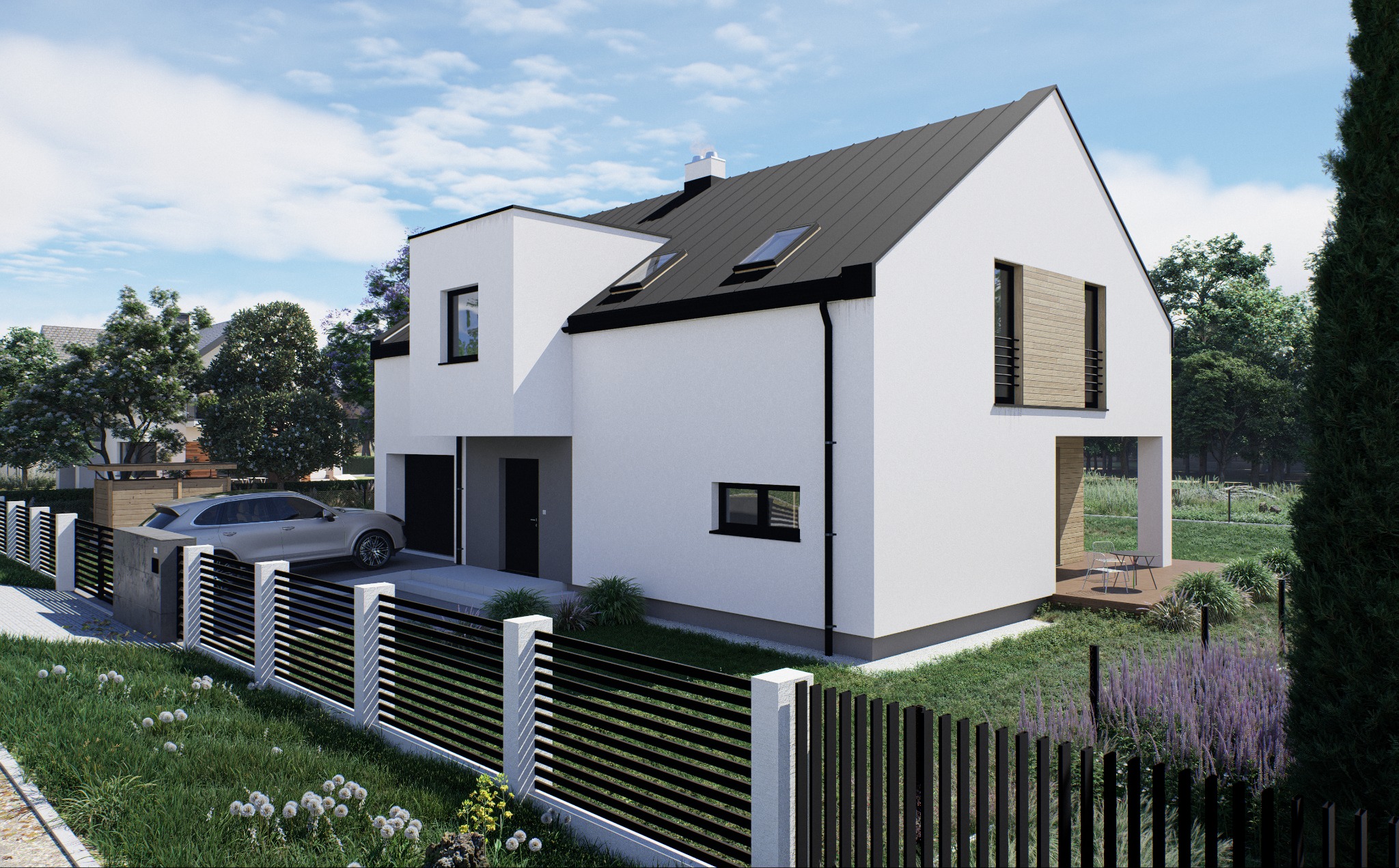 Wizualizacja nowoczesnego domu jednorodzinnego z garażem, czarnym dachem i minimalistycznym ogrodzeniem. Widoczny samochód i taras z meblami ogrodowymi.