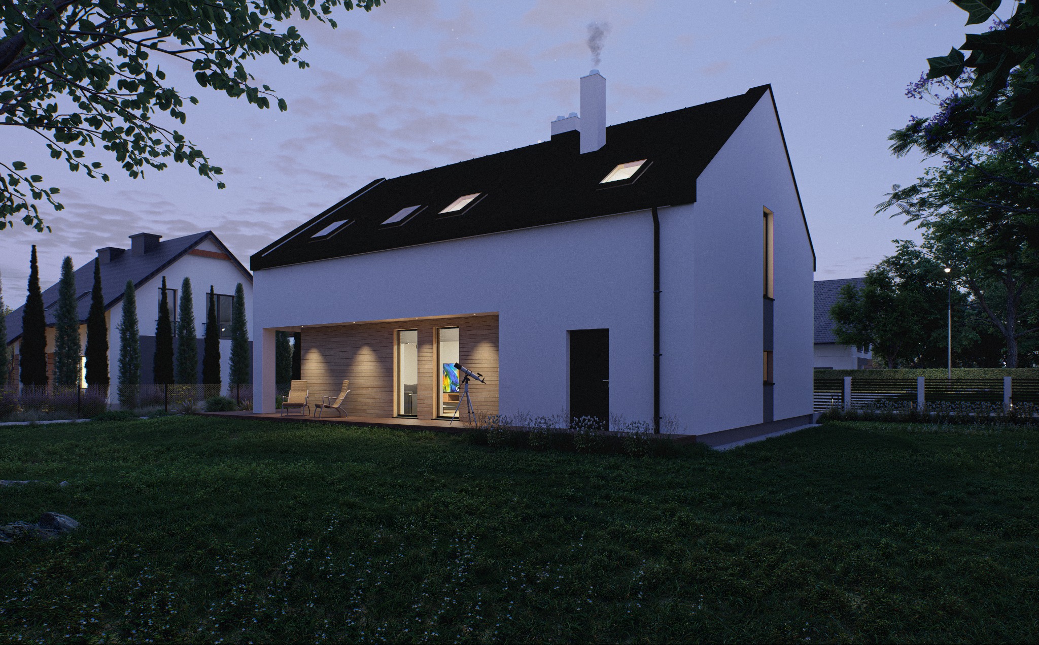 Nowoczesny dom jednorodzinny z płaskim dachem i drewnianą elewacją, oświetlony wieczornym światłem, z teleskopem widocznym na tarasie. Minimalistyczny design.