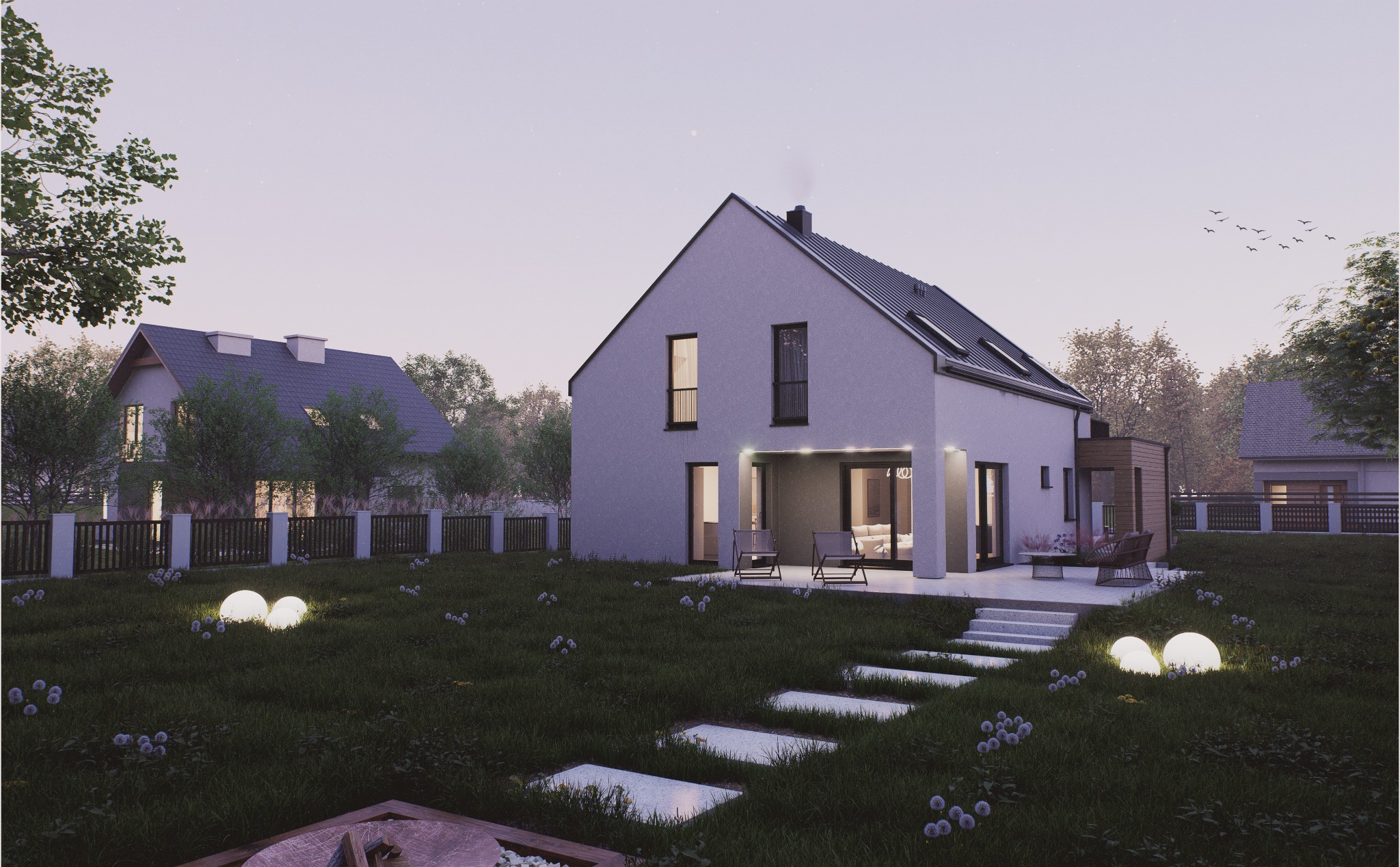 Nowoczesny dom jednorodzinny z tarasem i oświetleniem ogrodowym, wizualizacja wieczorna. Widoczne ścieżki z płyt i trawnik z dmuchawcami. Minimalistyczny styl.