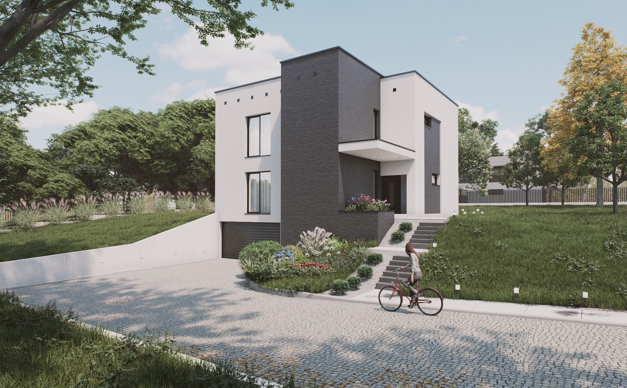 Wizualizacja nowoczesnego domu z garażem, z czarno-białą elewacją i elementami zieleni. Kobieta na rowerze wjeżdża na posesję po brukowanej drodze.
