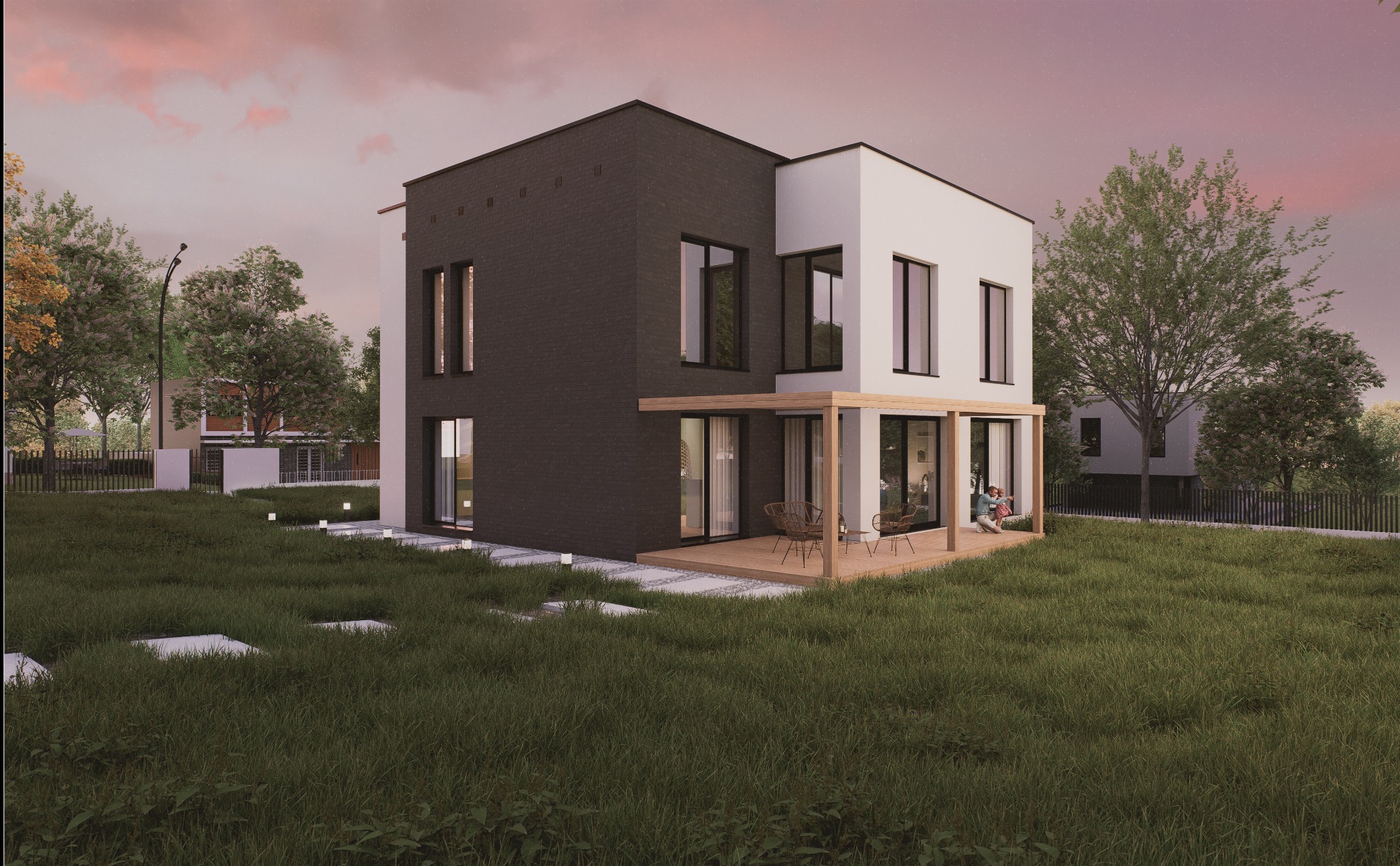 Wizualizacja nowoczesnego domu dwukondygnacyjnego z tarasem w Bytomiu. Bryła budynku w dwóch kolorach, otoczona zielenią. Na tarasie siedzą dwie osoby.