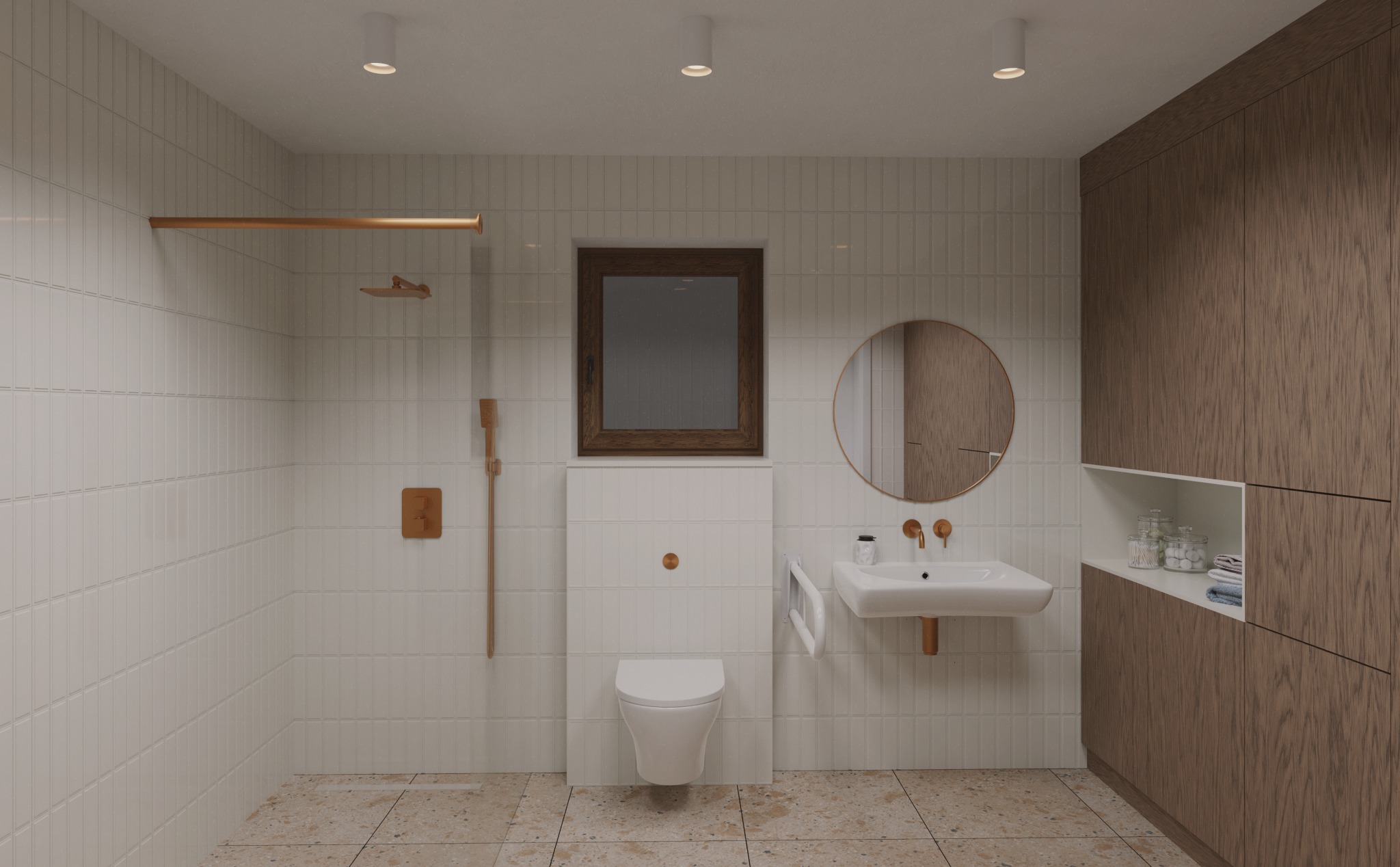 Nowoczesna łazienka z białymi płytkami, drewnianą szafką i okrągłym lustrem. Umywalka i armatura w kolorze miedzi. Minimalistyczny design z dbałością o detale.