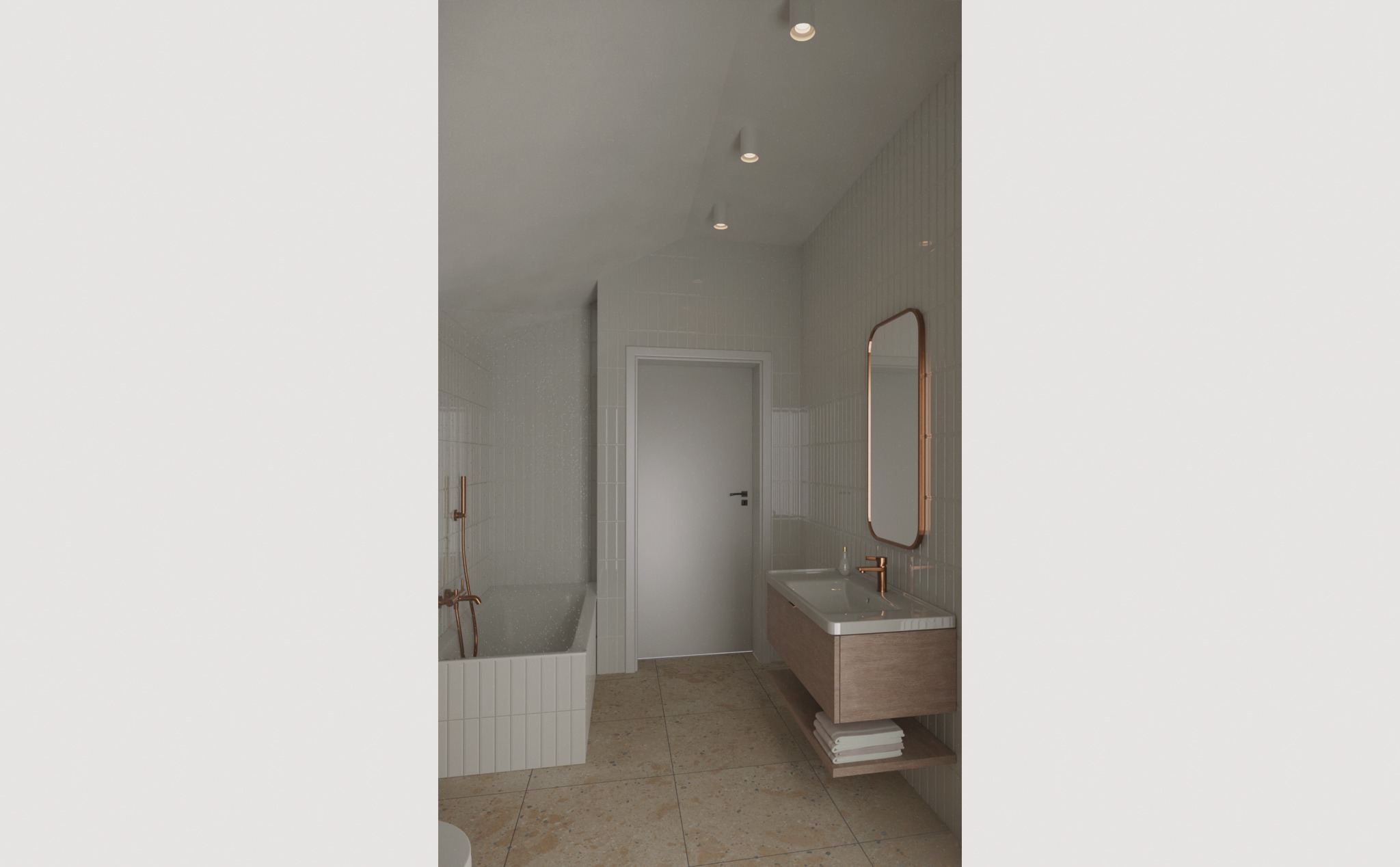 Jasna łazienka z wanną, umywalką z szafką i lustrem w miedzianej ramie. Beżowe płytki podłogowe i białe pionowe płytki ścienne. Minimalistyczny design.