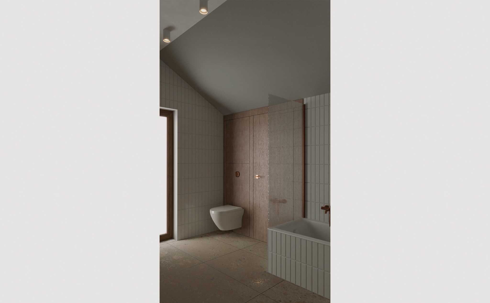 Wizualizacja łazienki w odcieniach beżu i brązu. Umywalka, toaleta podwieszana, wanna obudowana płytkami. Na ścianach i podłodze płytki imitujące kamień.