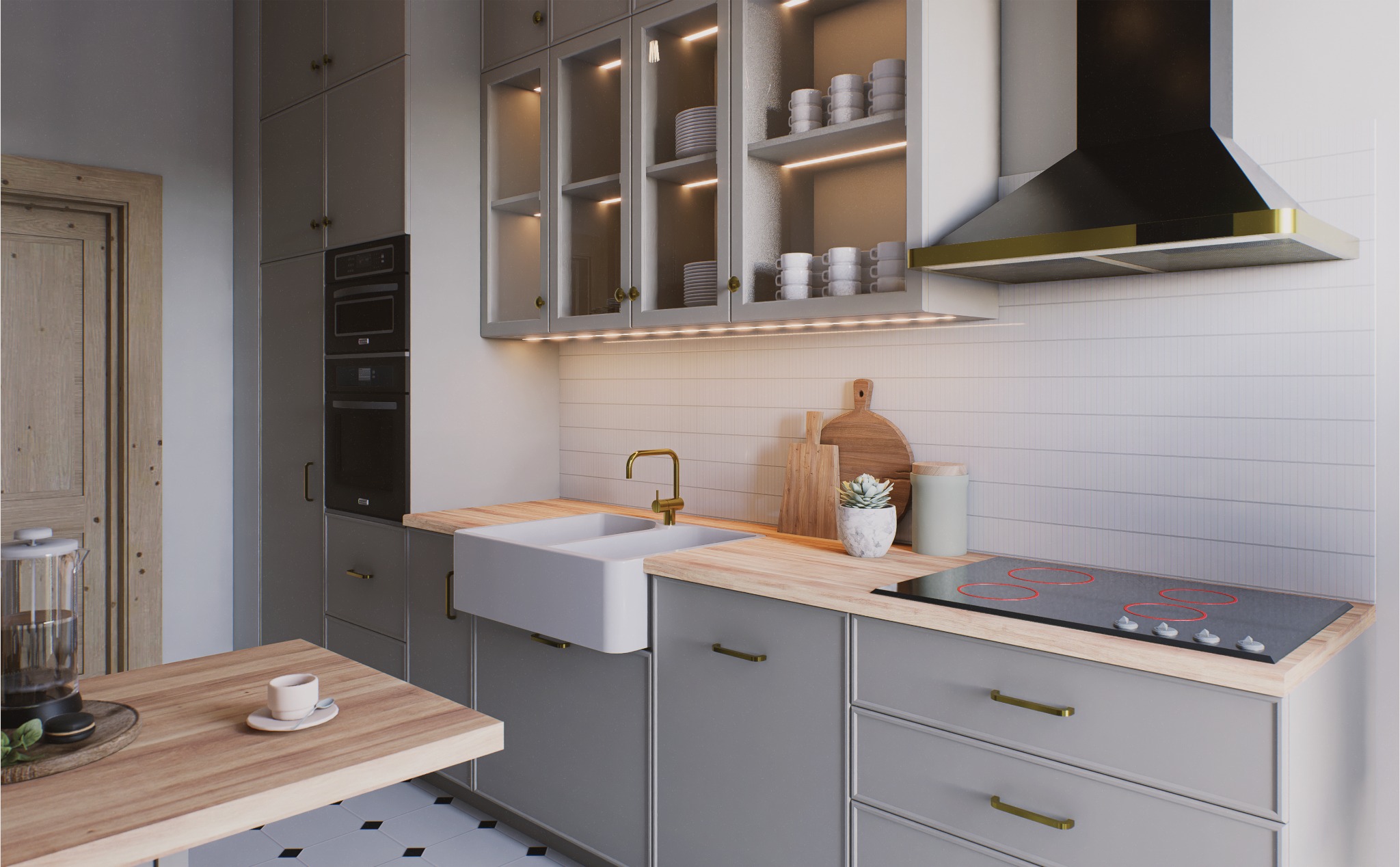 Nowoczesna kuchnia w szarościach z drewnianymi akcentami: zabudowa kuchenna, wyspa z blatem, oświetlenie LED w szafkach, biała armatura i czarny sprzęt AGD.
