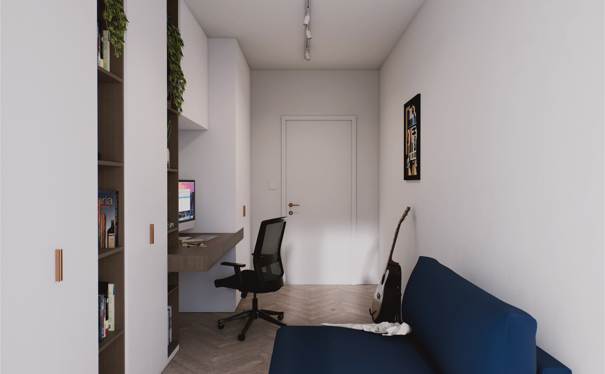 Wnętrze pokoju z biurkiem, komputerem, regałem z książkami i gitarą opartą o ścianę. Minimalistyczny design, jasne kolory, drewniana podłoga i akcenty roślinne.