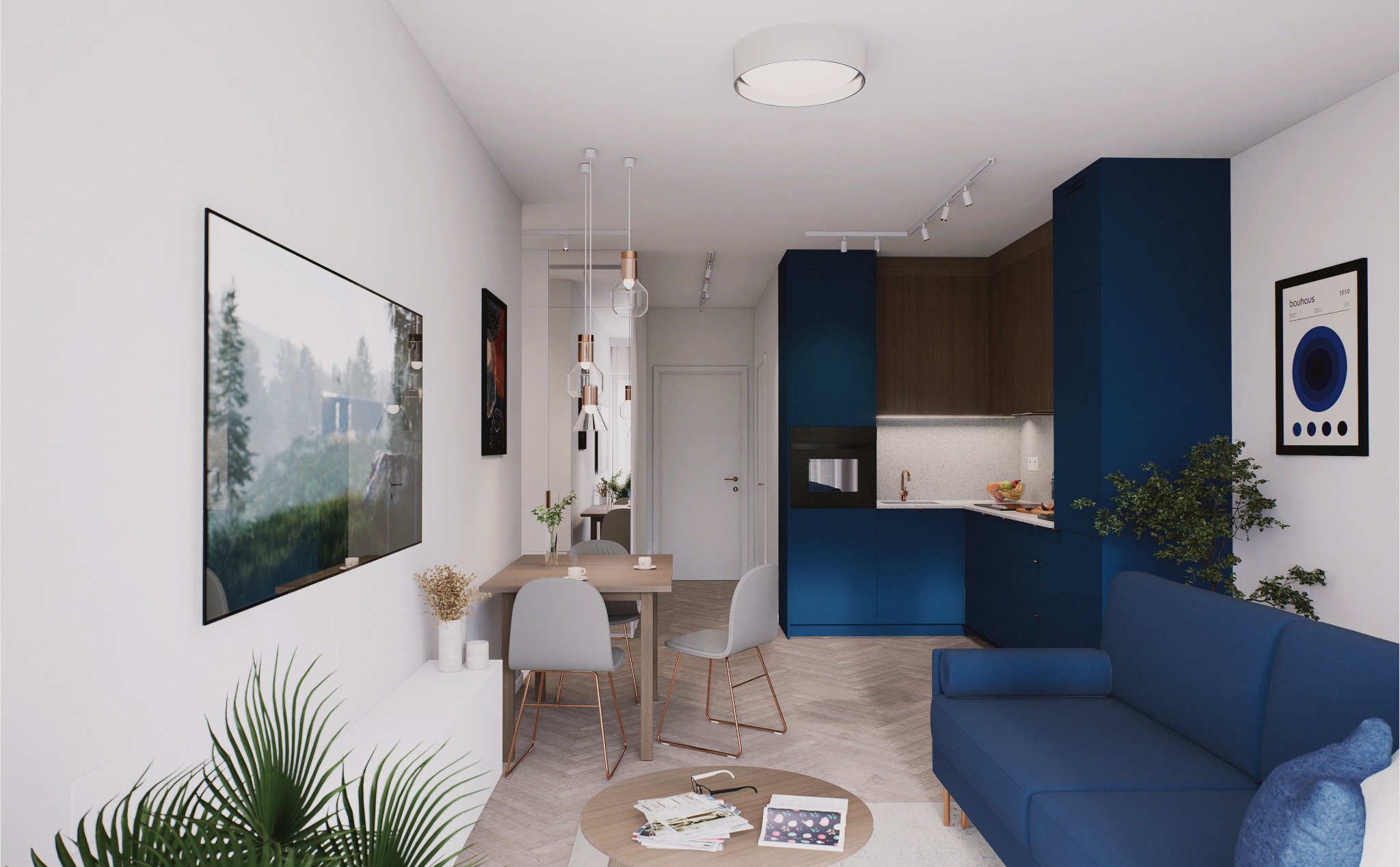 Wizualizacja wnętrza mieszkania z otwartą kuchnią, jadalnią i salonem. Dominują odcienie bieli, szarości i granatu. Nowoczesne oświetlenie i minimalistyczny design.