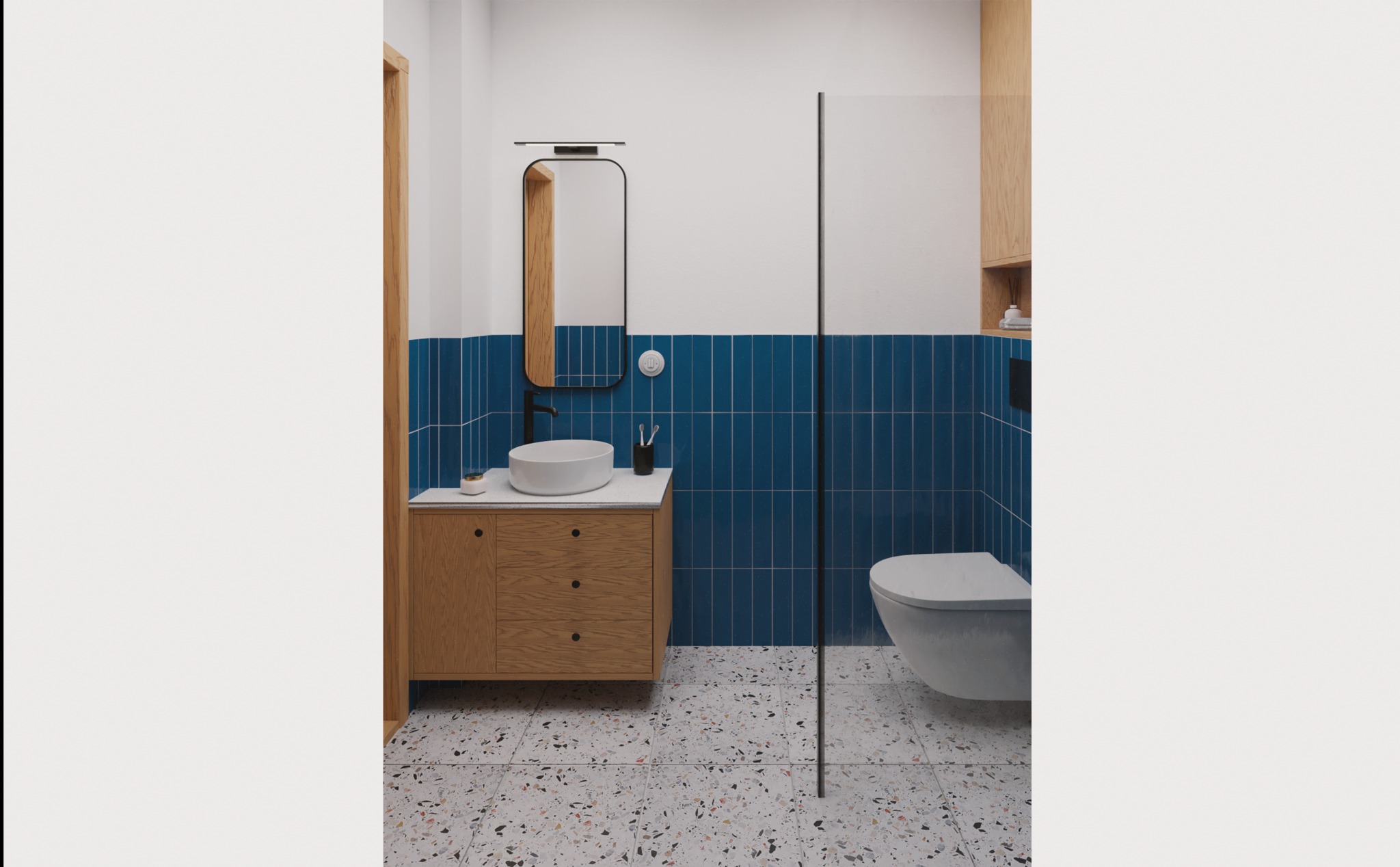 Nowoczesna łazienka z niebieskimi płytkami, drewnianą szafką pod umywalką i podłogą w stylu lastryko. Minimalistyczne lustro i kabina prysznicowa ze szkła.