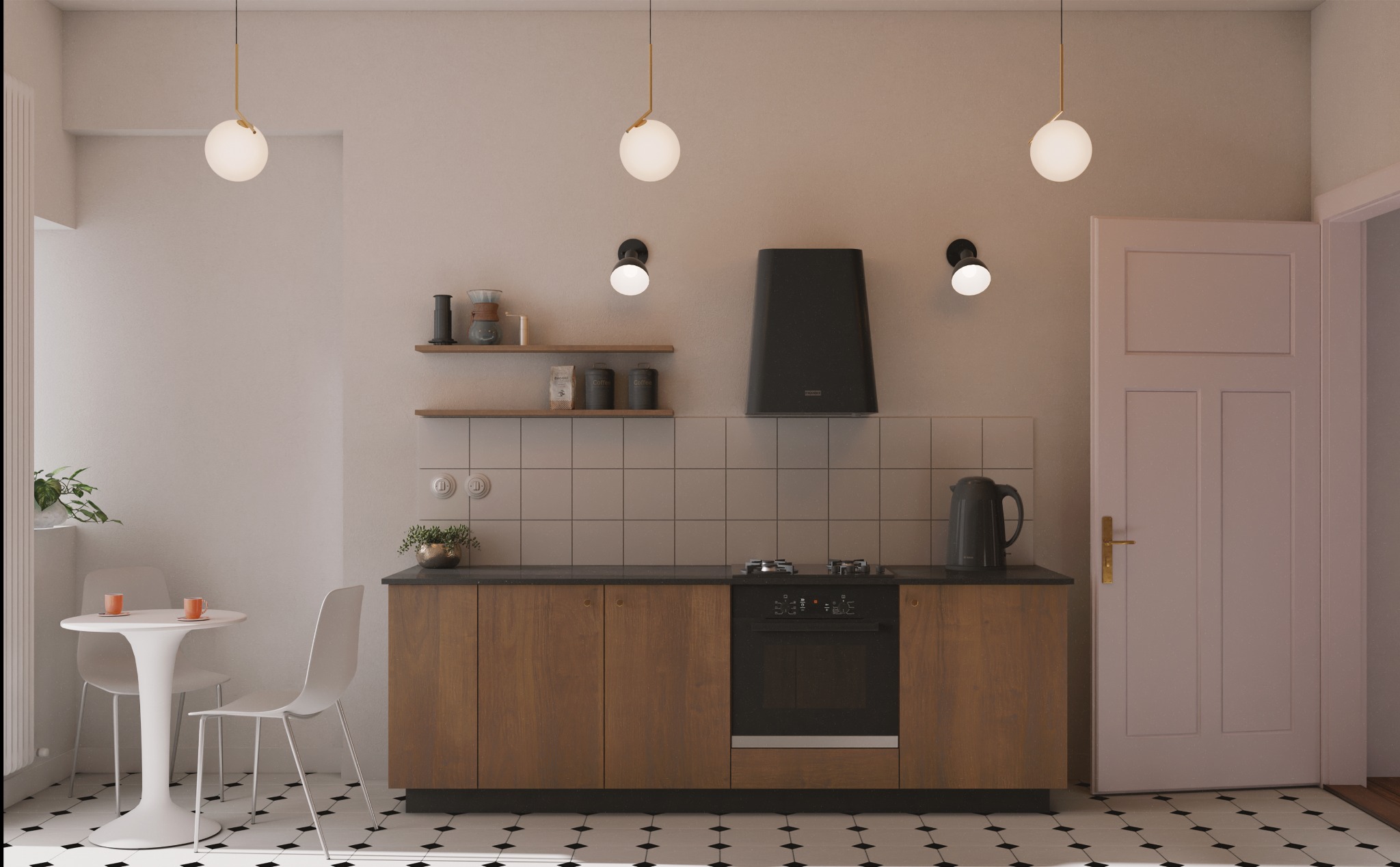Nowoczesna kuchnia w stylu retro z drewnianymi szafkami, czarnym blatem i biało-czarną podłogą w karo. Nad blatem półki z akcesoriami i czarny okap.